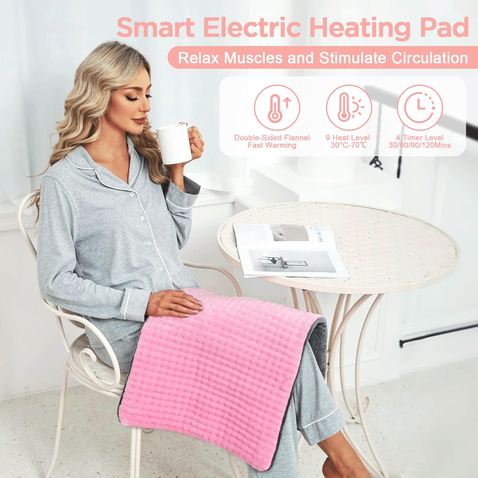 Dechoga Tappetino riscaldante in flanella a doppio strato, regolatore di temperatura a 9 passaggi e 4 timer, lavabile in macchina, morbido e pro-pelle, per collo, spalle (Rosa, 30x60cm)
