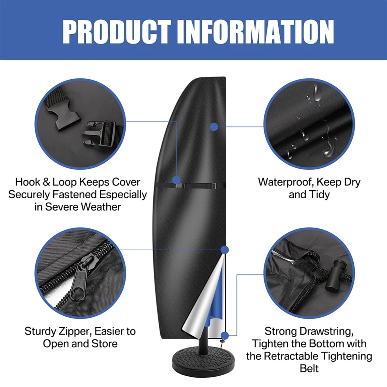 Schutzhülle für Sonnenschirm Wasserdichte Schutzhülle for Terrassenschirm im Freien, freitragend(Black,210D Height 280cm)