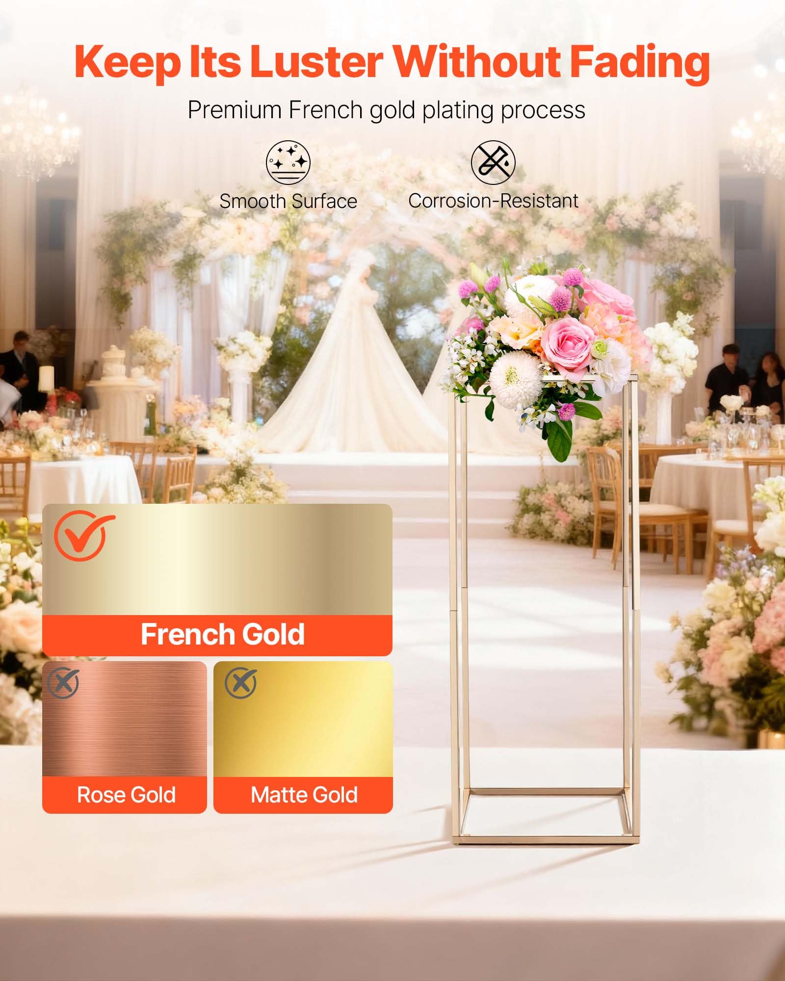 VEVOR Support Fleur Mariage Colonne Lot de 10 Support Fleur Centre de Table Mariage 60 cm Présentoir Floral Rectangulaire pour Fêtes, Anniversaires, Décoration Intérieure, avec Vis Dissimulées, Doré