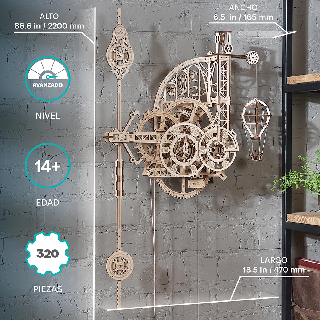 UGEARS Aero Clock 3D Puzzle - Kits de Modelo de Madera de Regalo del día del Padre para Que los Adultos construyan - Reloj de Pared Vintage DIY con péndulo Puzzle de Madera - Reloj mecánico