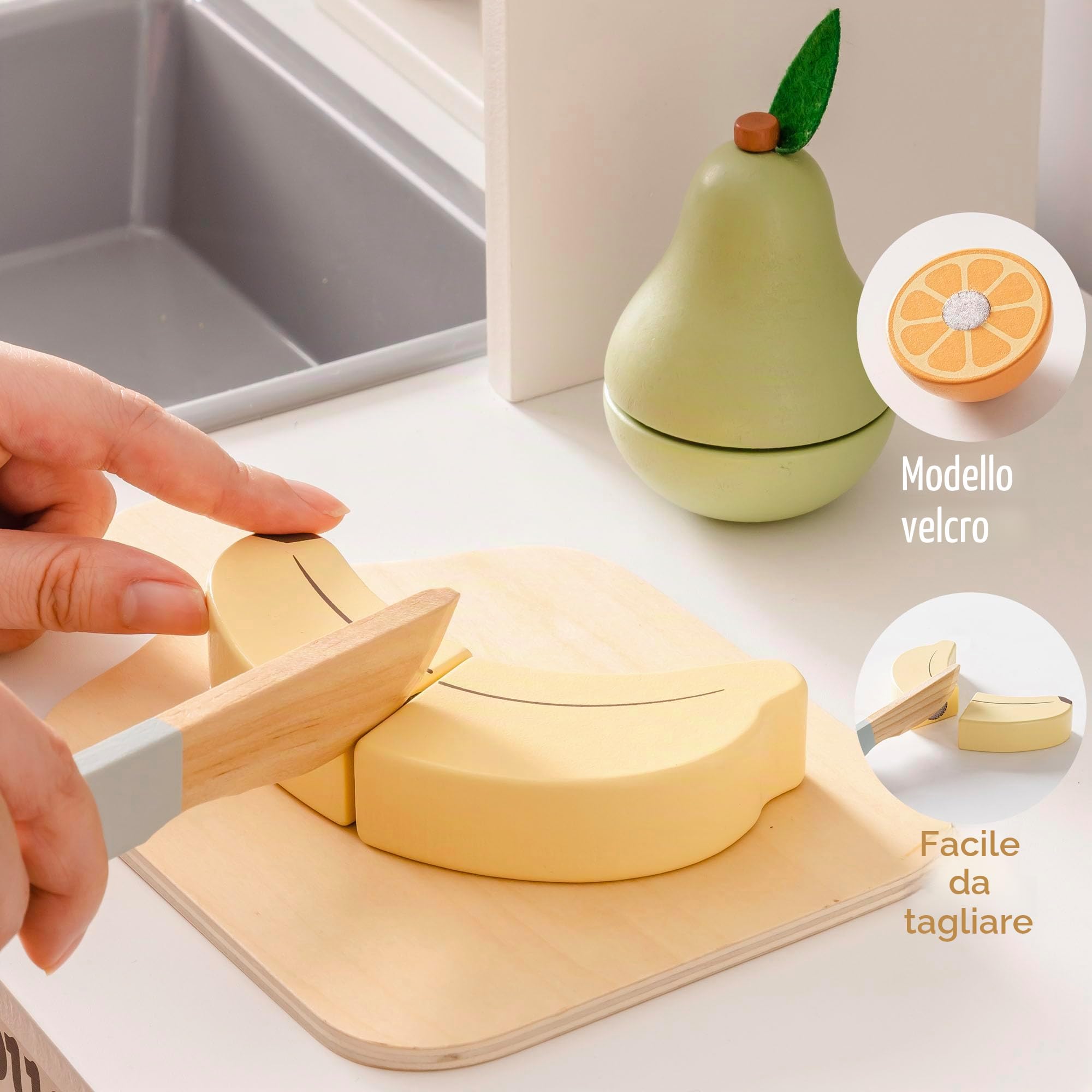 ROBUD Accessori per la cucina dei bambini in legno per giocattoli, alimenti per giochi di ruolo, cucine da gioco con custodia, regali per bambini a partire dai 3 anni in su, set di frutta