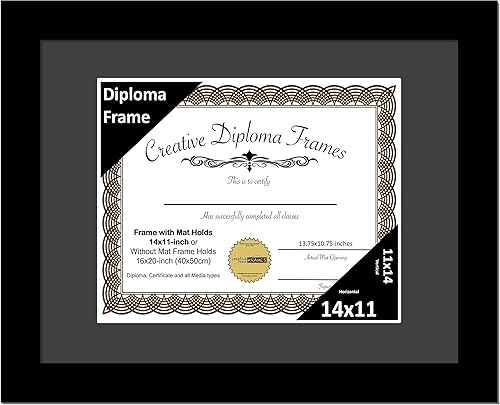 Creative Picture Frames Marco de diploma negro clásico de 14 x 11 pulgadas con paspartú negro con caballete de vidrio y colgadores de pared