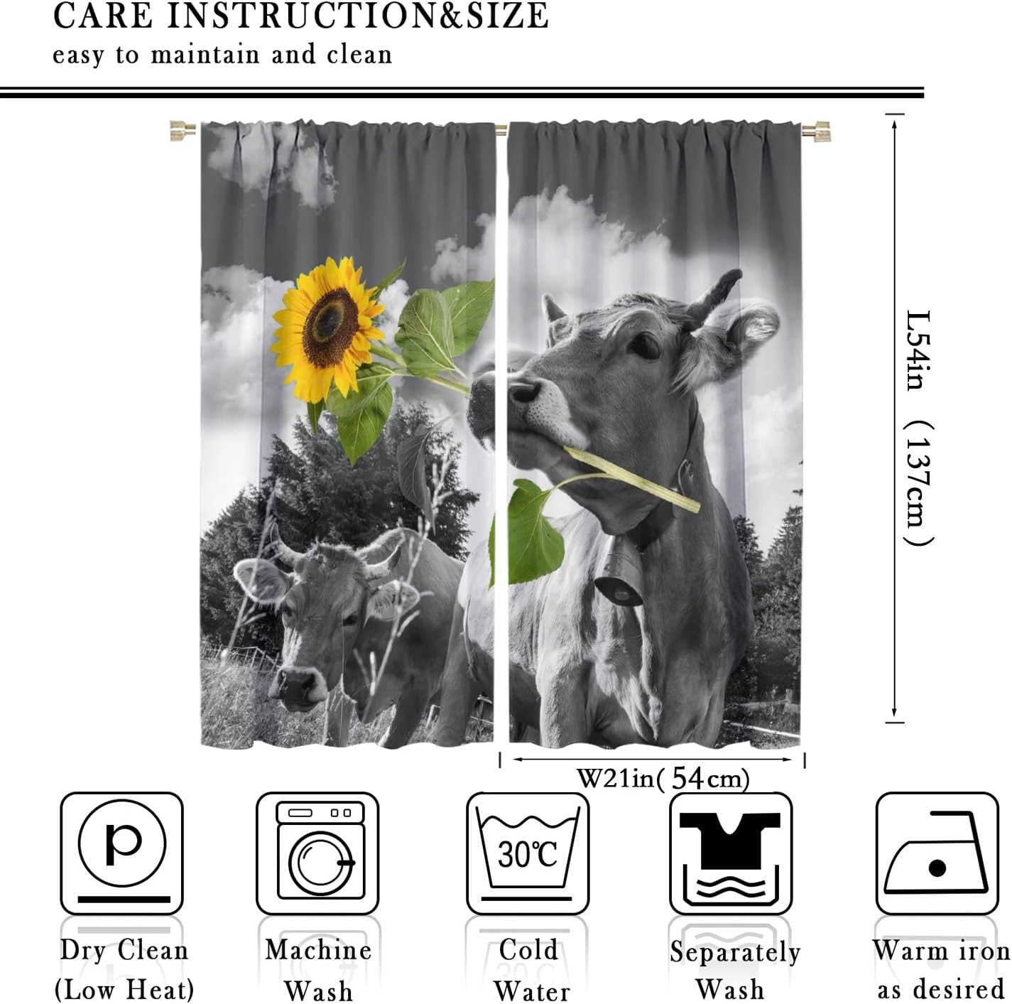 Highland Cow Curtains, Country Farm Animal Cow Window Treatments for Farmhouse Kitchen, Western Wildlife Bull Sunflower Print Rod Pocket 2 Panel Sets, 42x54 Inch