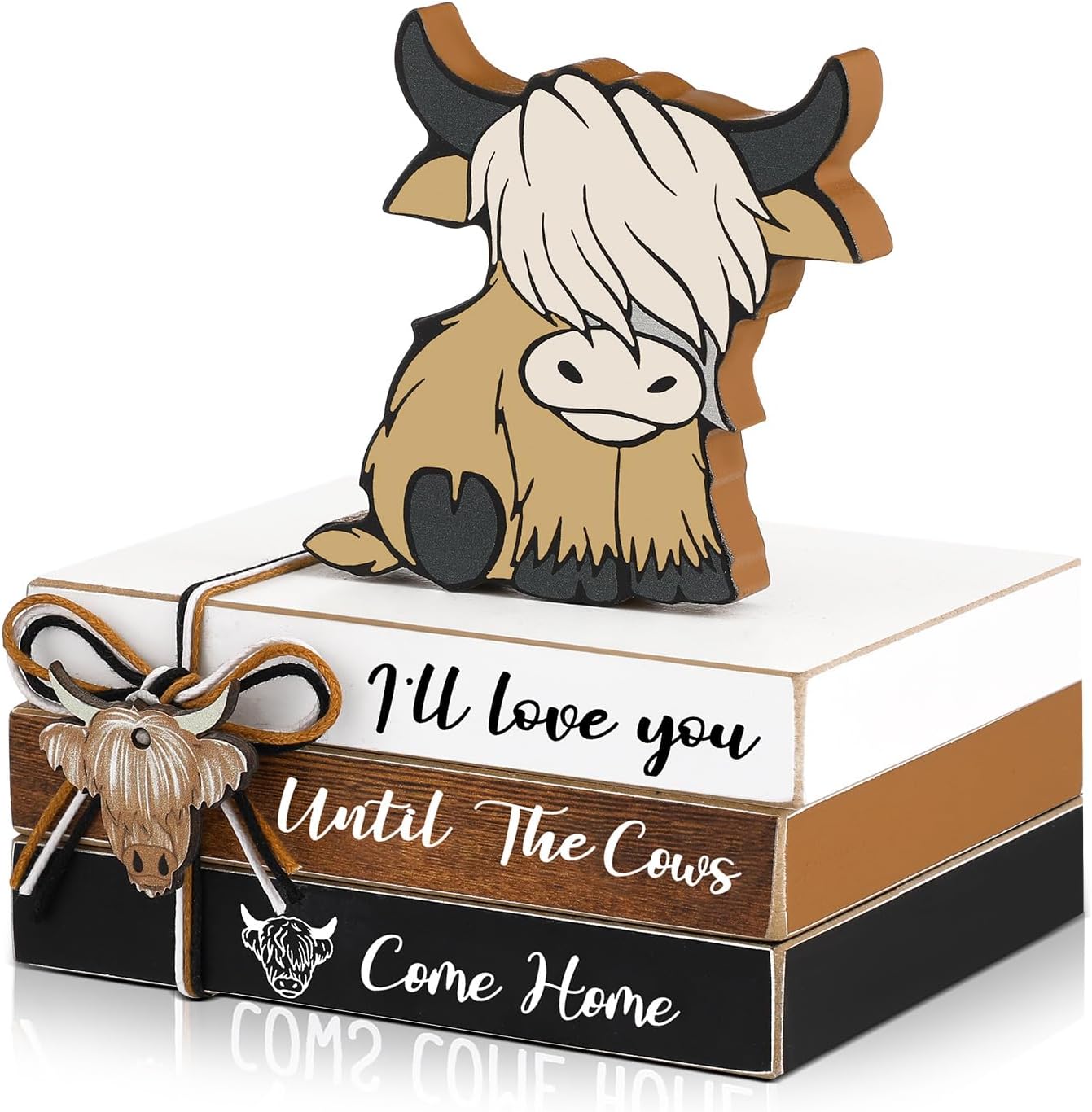 Yookeer 4 Pieces Highland Cow Tiered Tray Decor Mini Wood Book Stacks Decorations Rustic Farmhouse Table Sign for Home Room Mantle Fireplace Shelf