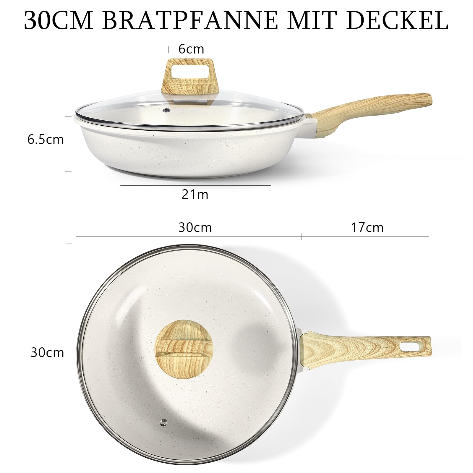 GiPP Padella Antiaderente in Ceramica con Coperchio – Padella Sana e Atossica da 30 cm, Compatibile con Induzione, Senza PFAS e PFOA, Lavabile in Lavastoviglie(Bianco,30cm+Coperchio)