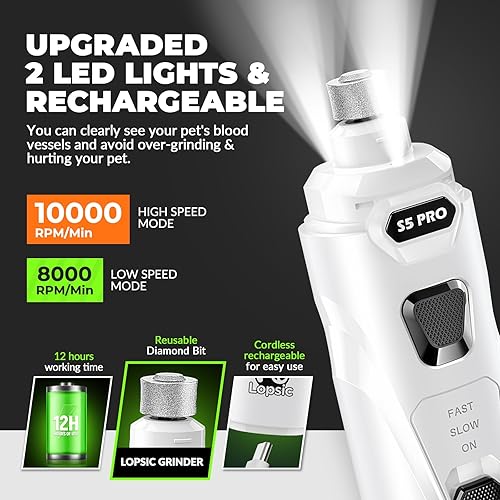 Miniatura 9 de Molinillo de uñas para perros con 2 luces LED, potente recortador de uñas de 2 velocidades con 3 muelas abrasivas, súper silencioso, recargable, kit