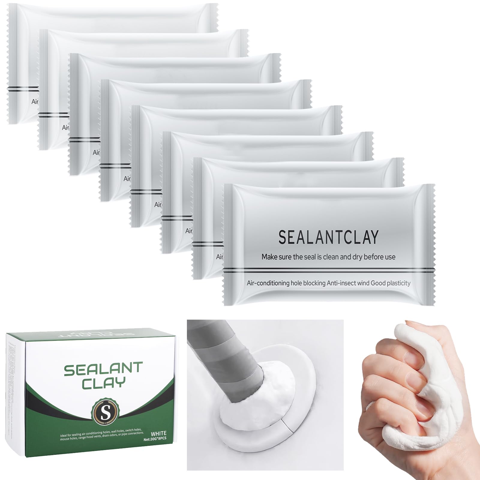 New Type White Waterproof Sealant Mastic,Repair Sealing Clay, Quick Mending Mud for Drain Connection, Wall Hole, Air Conditioning Hole Waterproof Seal Putty (8-Pack)