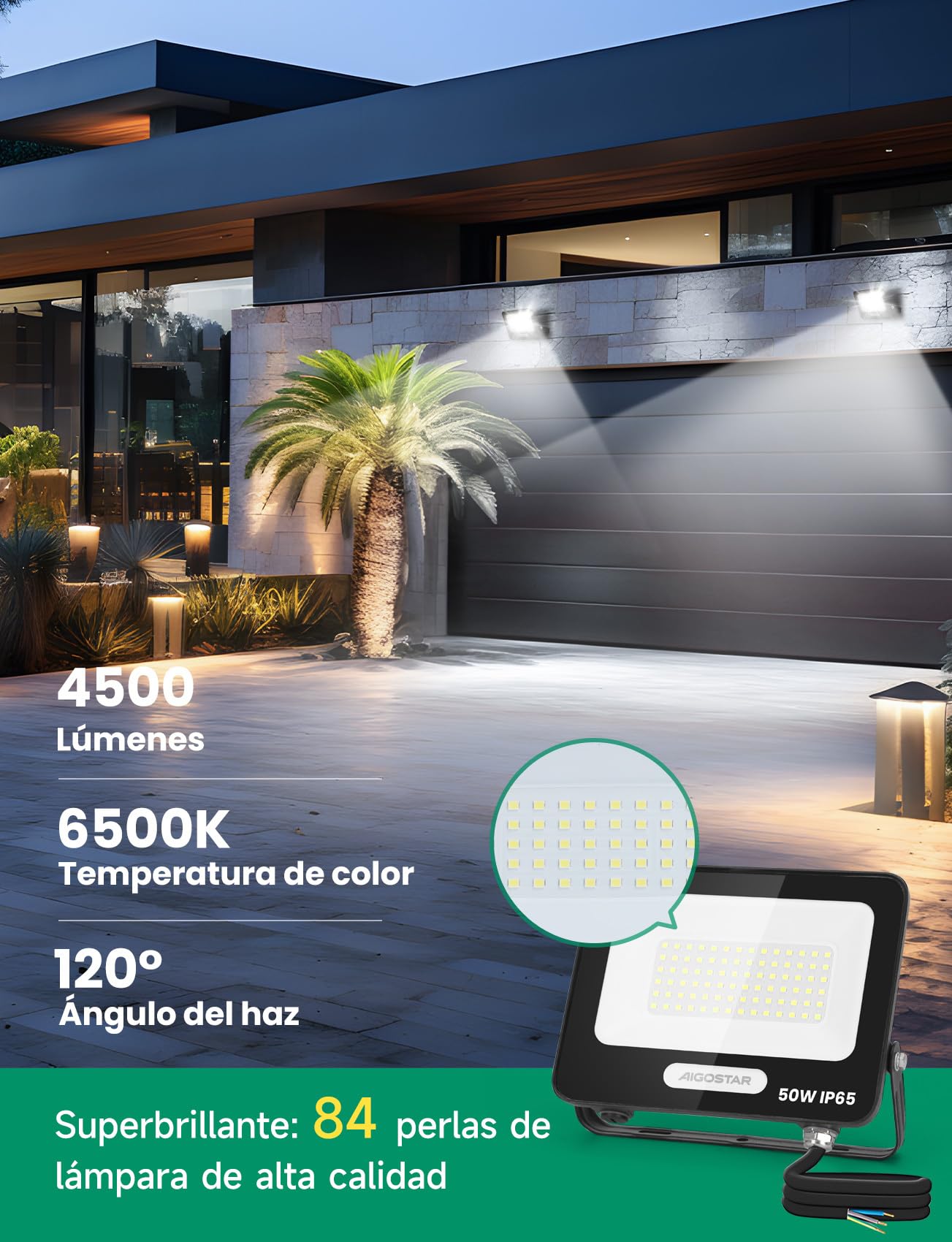 Aigostar Foco LED Exterior 50w 4500LM, Focos Proyectore LED Exterior Impermeable IP65, 84 LEDs, 6500K Blanco Frío para Garaje,Jardín,Patio,Parque. 2 Piezas
