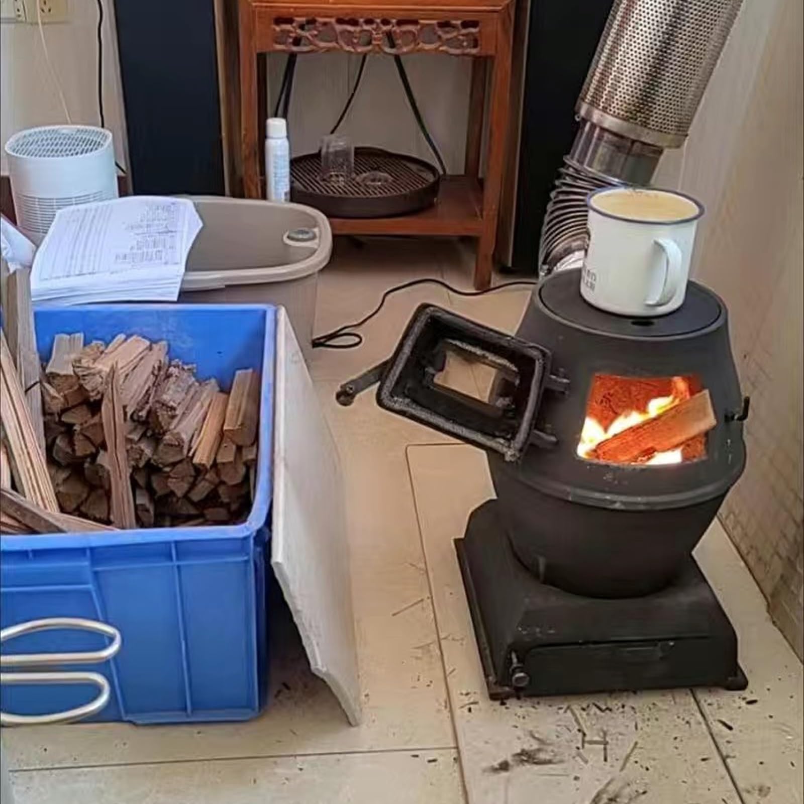 Stufa a legna si riscalda rapidamente, multifunzione per riscaldare l'acqua bollente, uso interno ed esterno, visualizzazione del fuoco