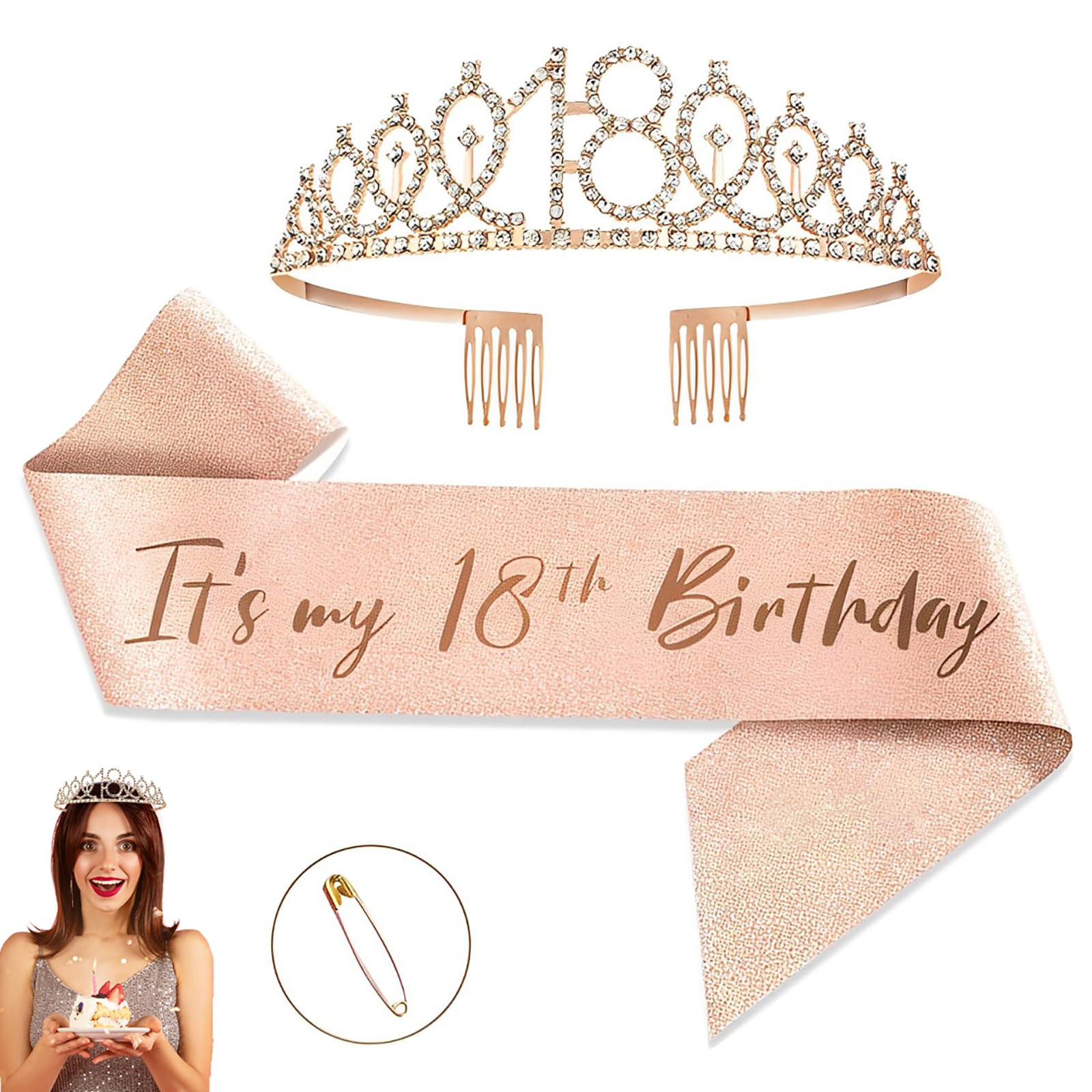 Corona E Fascia 18° Compleanno Oro Rosa Con Strass - Set Regalo Per Ragazza - Foto 10