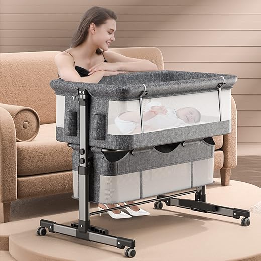 3 in 1 Baby Bassinet, Upgraded Beside Crib with 360° Highly Visible Mesh wall, Comfy Co-sleeper Bassinet with mattress, 5 Level Adjustable Height, Foldable & Portable BabyTravel Crib for Newborn, Blue