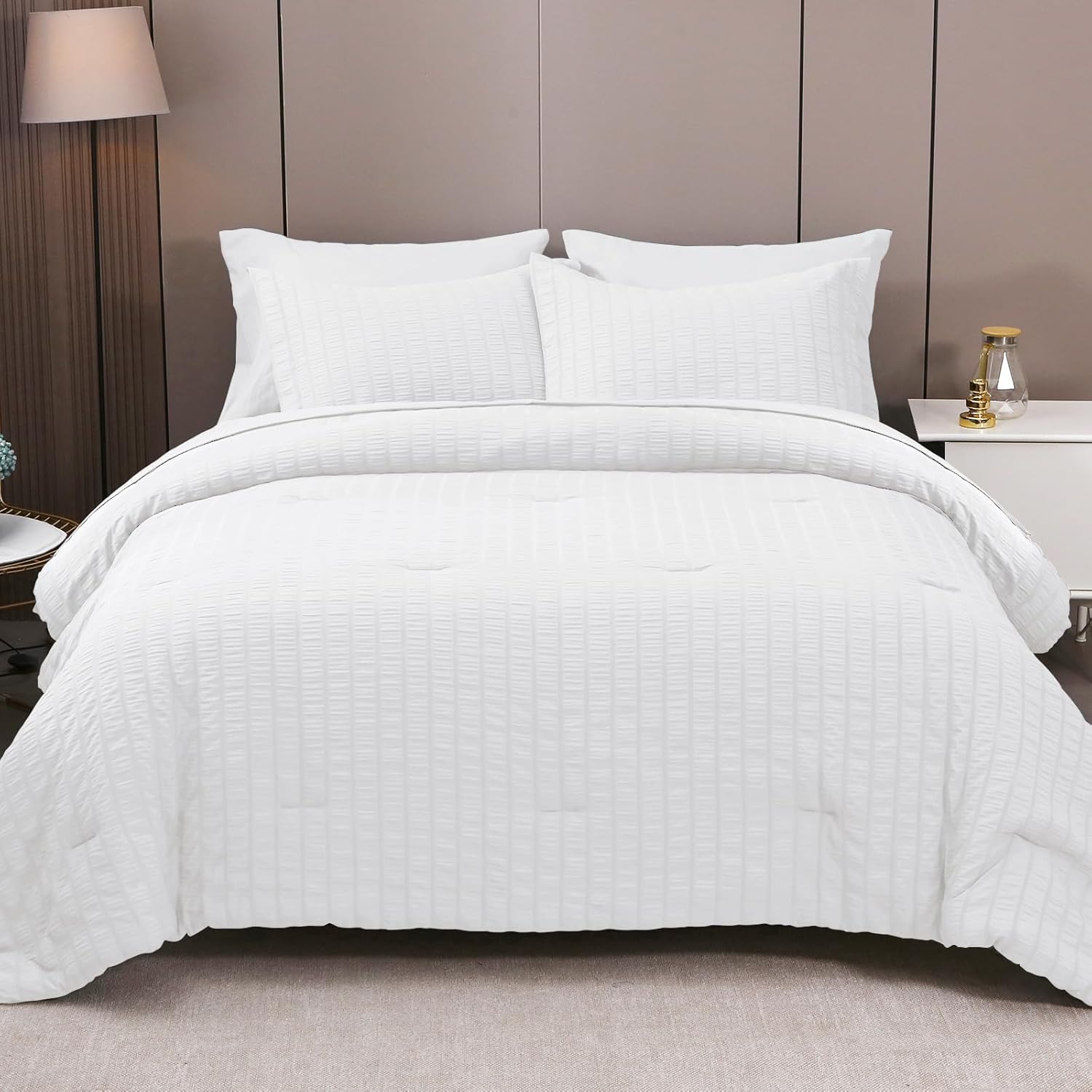 HYMOKEGE White Queen Comforter Set Seersucker 3 Pieces