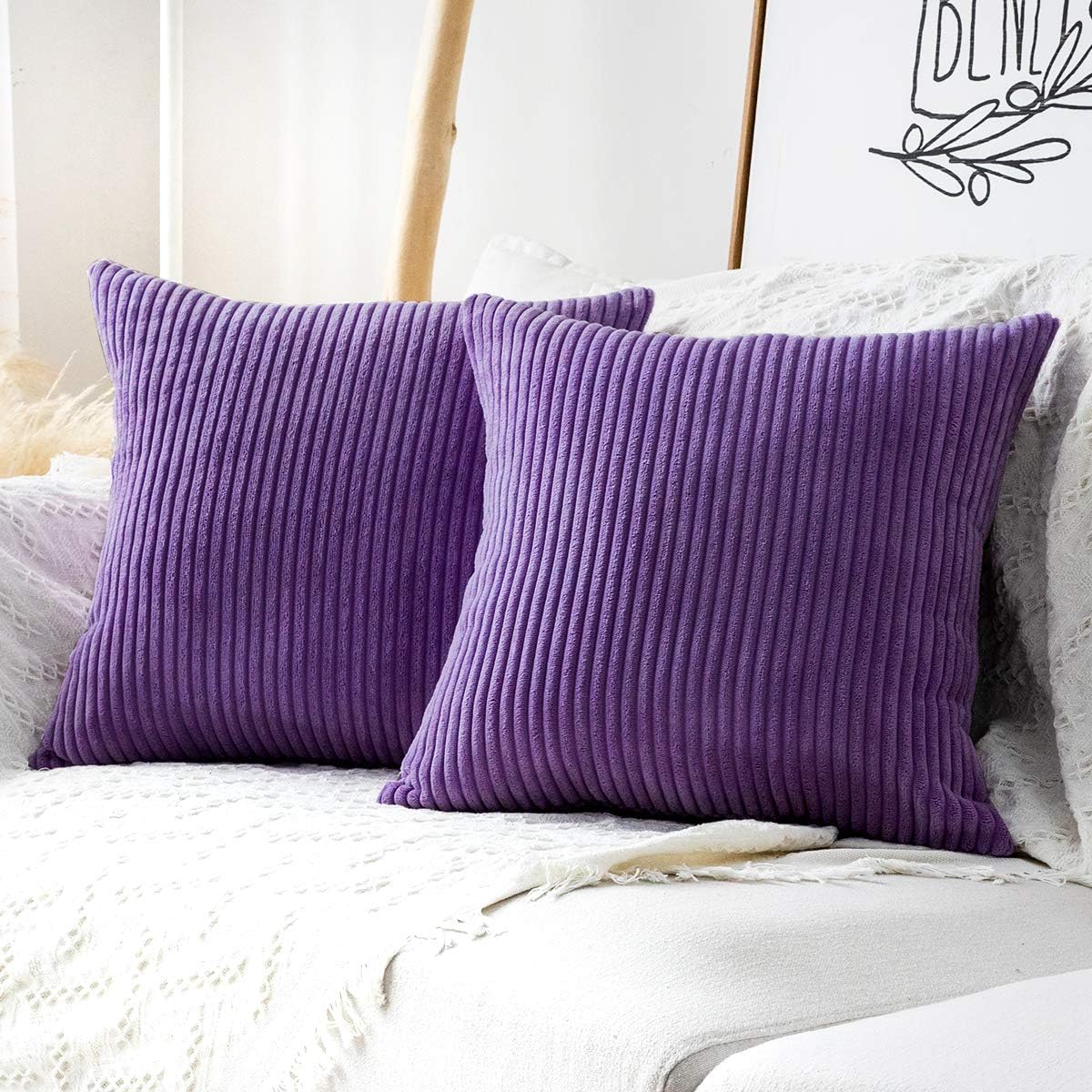 MUDILY Pack of 2 Throw Pillow Covers Striped Velvet Corduroy Couch Pillow Cushion Covers Pillowcases for Sofa Bedroom Car, Eggplant 18 x 18 inch 45 x 45 cm