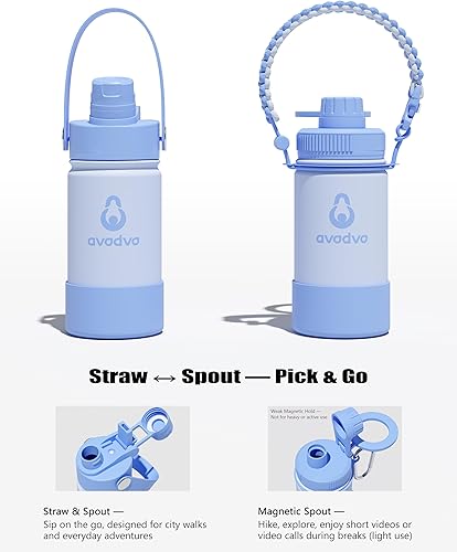 Miniatura 3 de Botella de agua aislada avodvo de 12 onzas con 2 tapas (tapa con popote y boquilla de 2 en 1, tapa magnética), botella de agua para niños con Azul