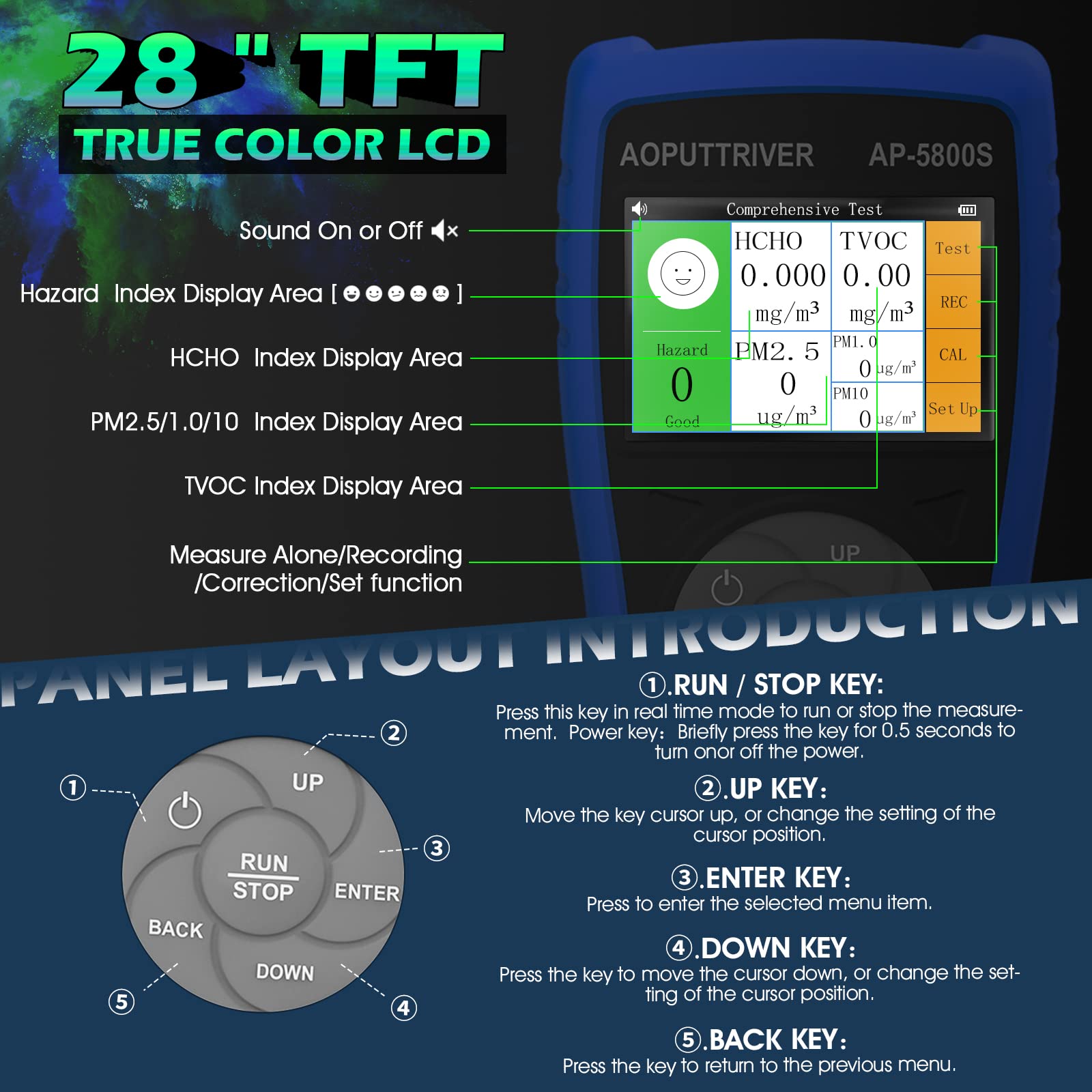 Produktbild von 3-in-1-Luftqualitätsmonitor RQ-5800S – Formaldehyd-Detektor, TVOC, PM2.5, PM10, HCHO, Temperatur & Luftfeuchtigkeit, USB-wiederaufladbar, Mit Farbdisplay & Stativanschluss
