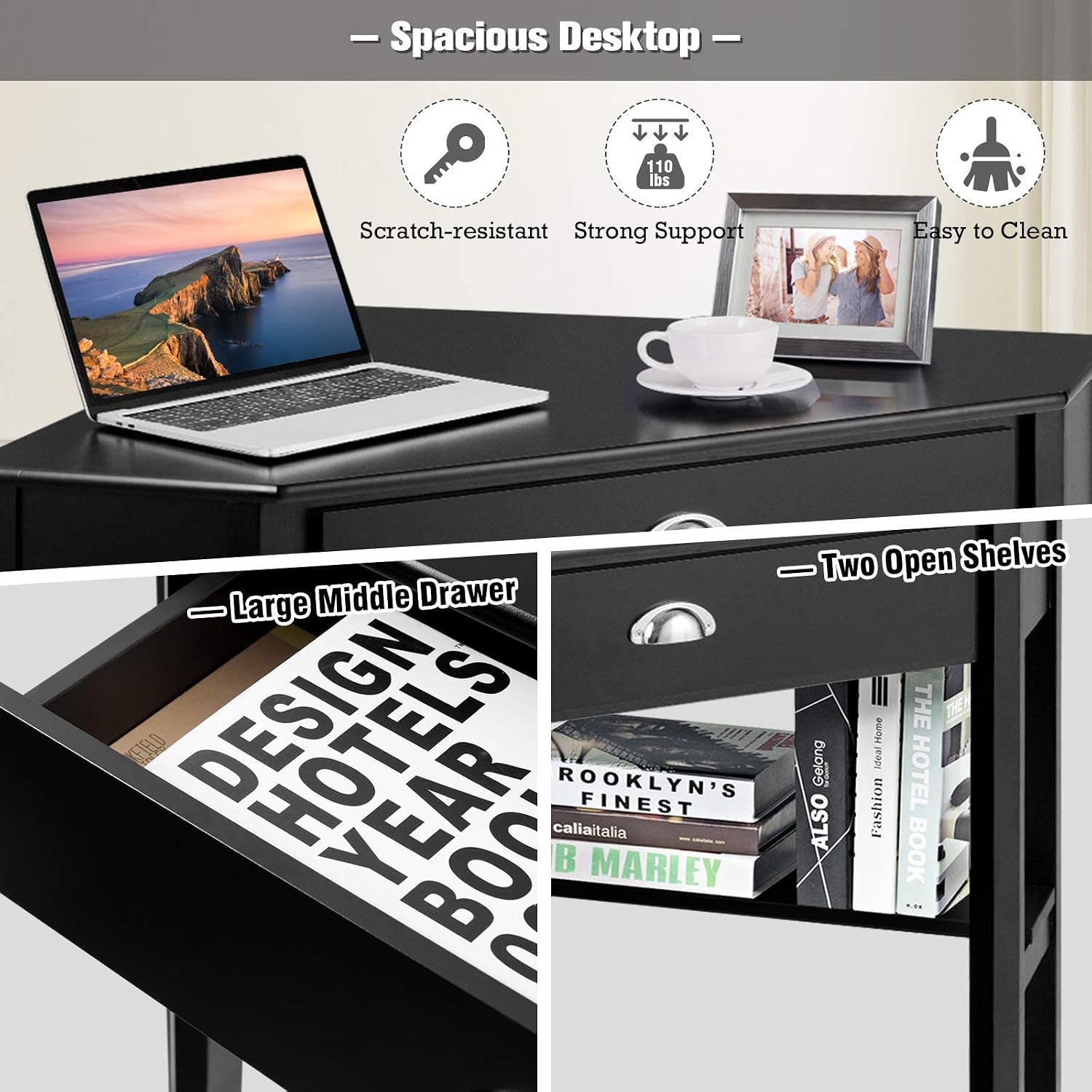 LDAILY Corner Desk, Triangle Corner Computer Desk for Small Space, Compact Writing Desk with Storage Shelves & Drawer, Space Saving Small Makeup Vanity Desk for Bedroom, Home Office, Black