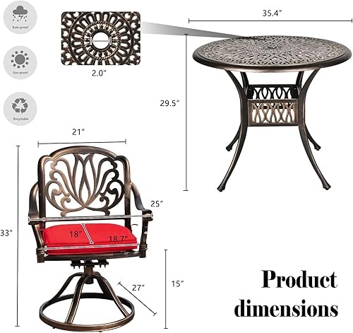 Miniatura 2 de TITIMO Juego de 3 piezas de bistró para exteriores, juego de conversación de aluminio fundido con 2 sillas giratorias de patio y 1 mesa redonda para
