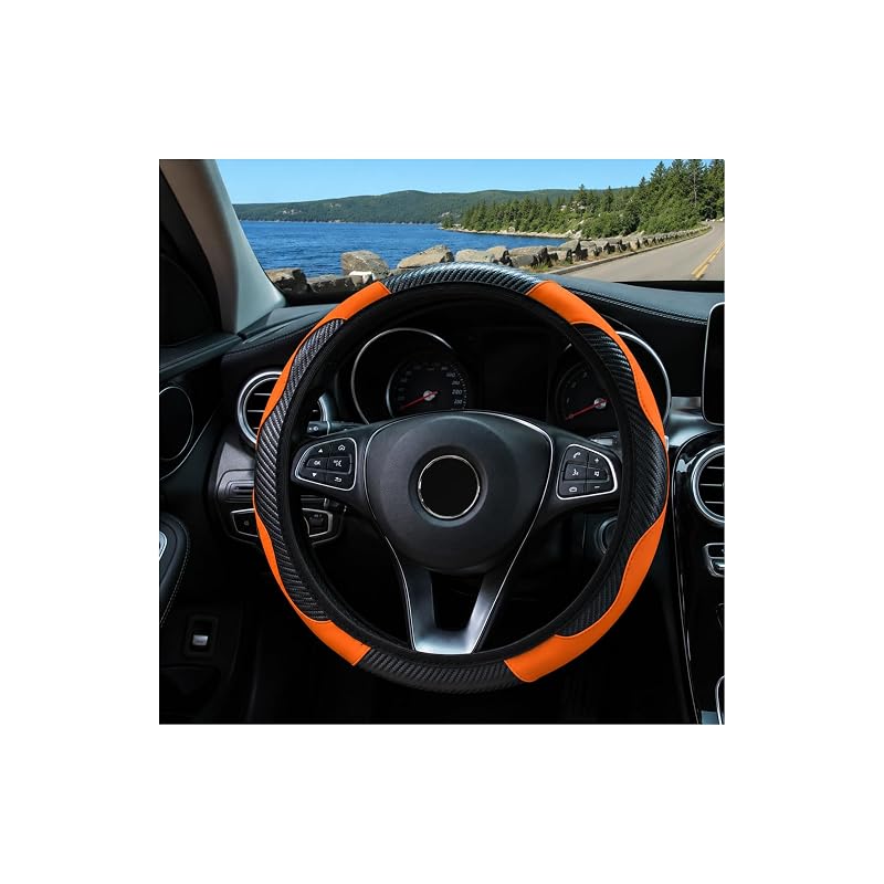 Capa para Volante de Carro em Couro Sintético PU com Textura de Fibra de Carbono Laranja, 38,1 cm, Wbshyy