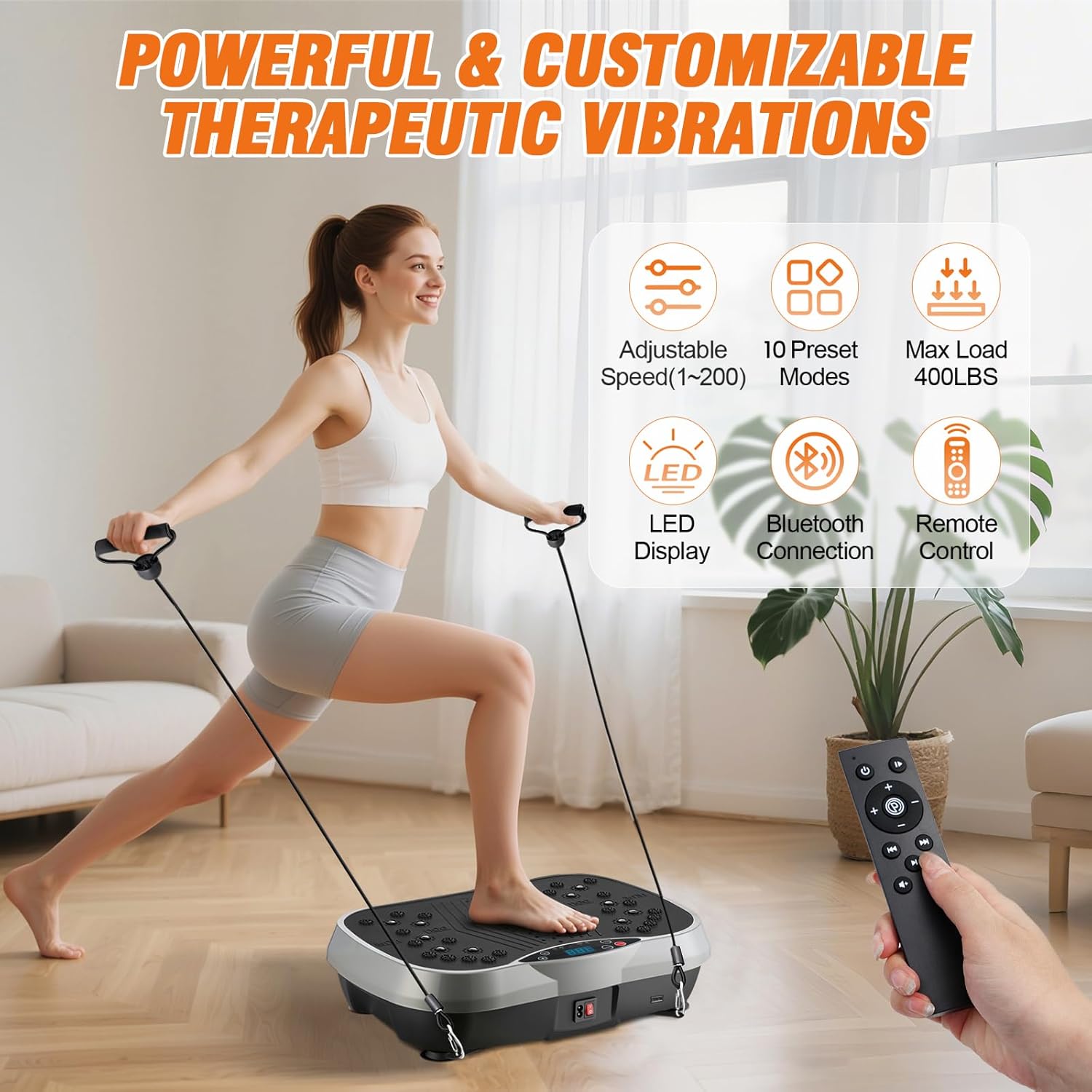 ALSO GO Vibration Plate Exercise Machine, 10 Preset Modes & 200-Level Vibration Platform for Weight Loss/Lymphatic Drainage, 400lbs Capacity Vibration Board with Resistance Bands for Full Body Workout