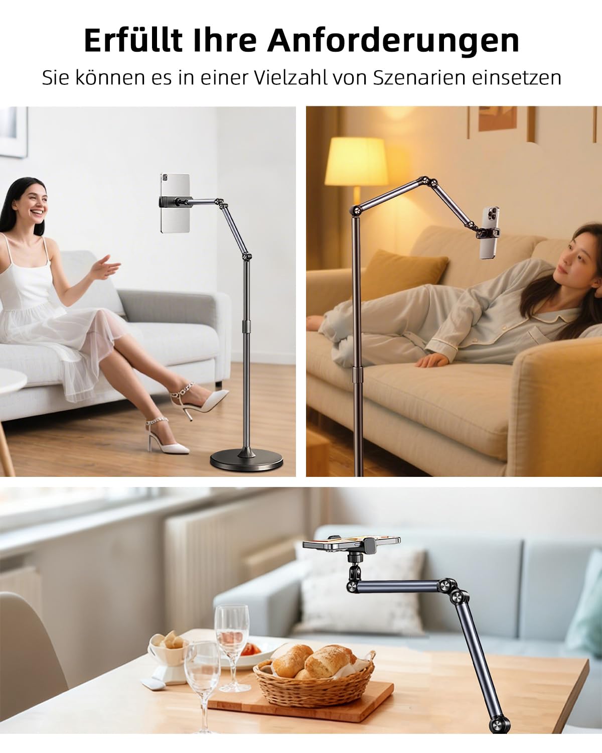 Tablet Bodenständer, Tablet Halterung Arm mit Einstellbarer Höhe, Stabiler ipad Ständer für Smartphones, iPhones, iPad Pro/Air/Mini,Tab mit 4.7-12.9 Zoll