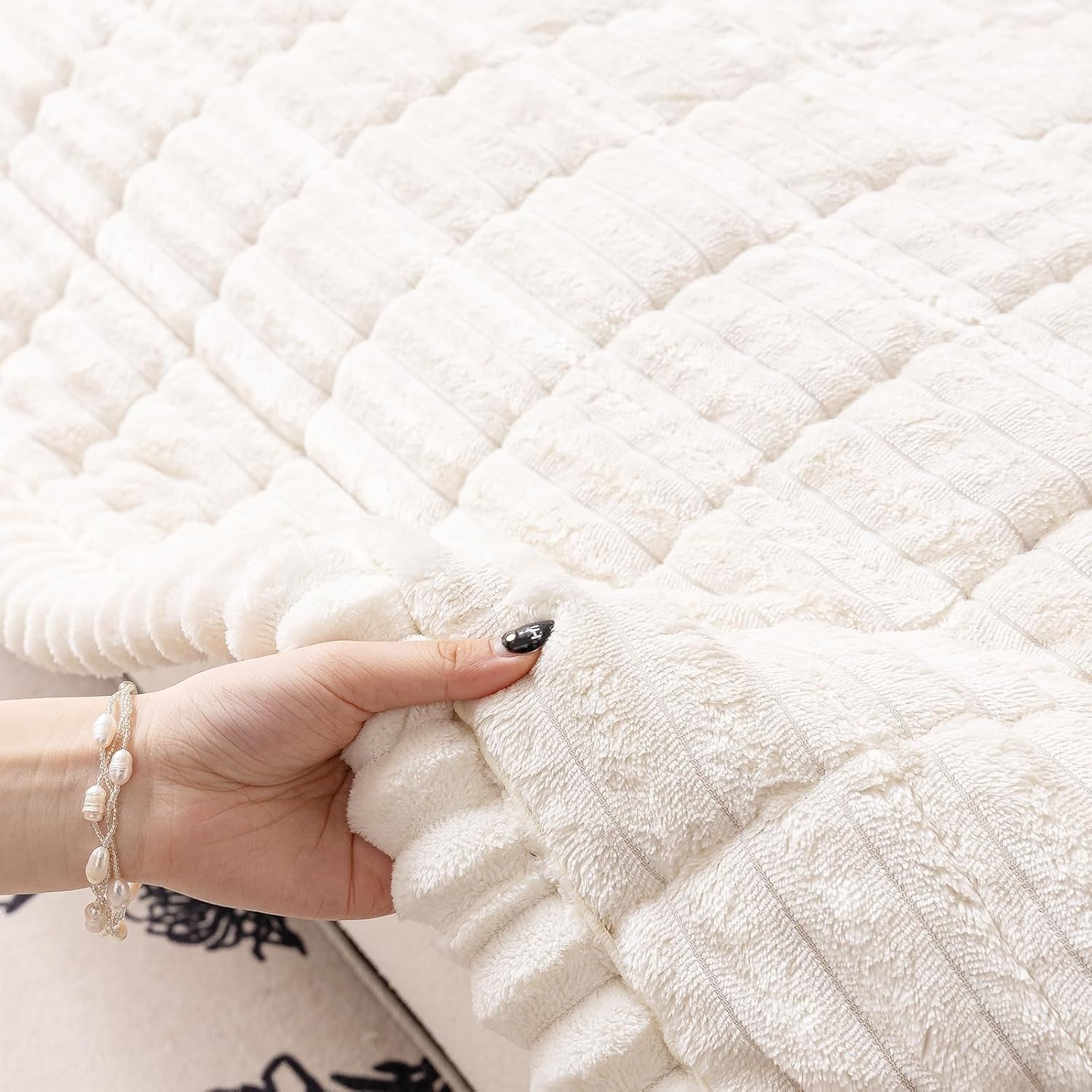 Faux Fur Rocking Chair Cushions Fluffy Plush Recliner Seat Cushions Non-Slip Office Chair Pads Washable Lounge Chair Covers Soft Warm Furniture Protector for Pets, Kids(Rice White)