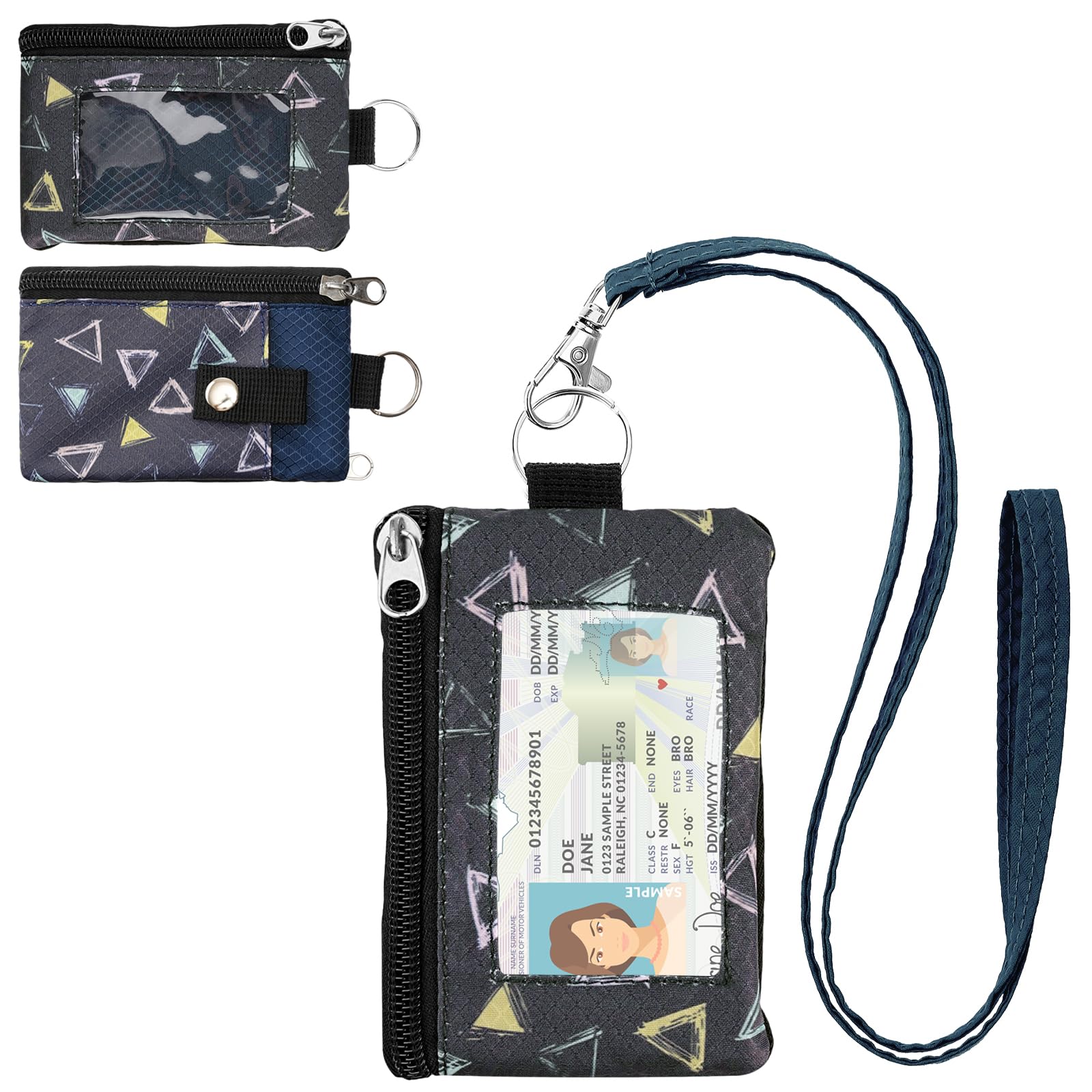 Minimalist RFID Wallet with Lanyard, Multi-functional ID Case with 2 Zipper Pockets and Key Chain for Men and Women, Tactical Badge Pouch Cards Holder, Coin Purse for Travel Sports - Two-Tone