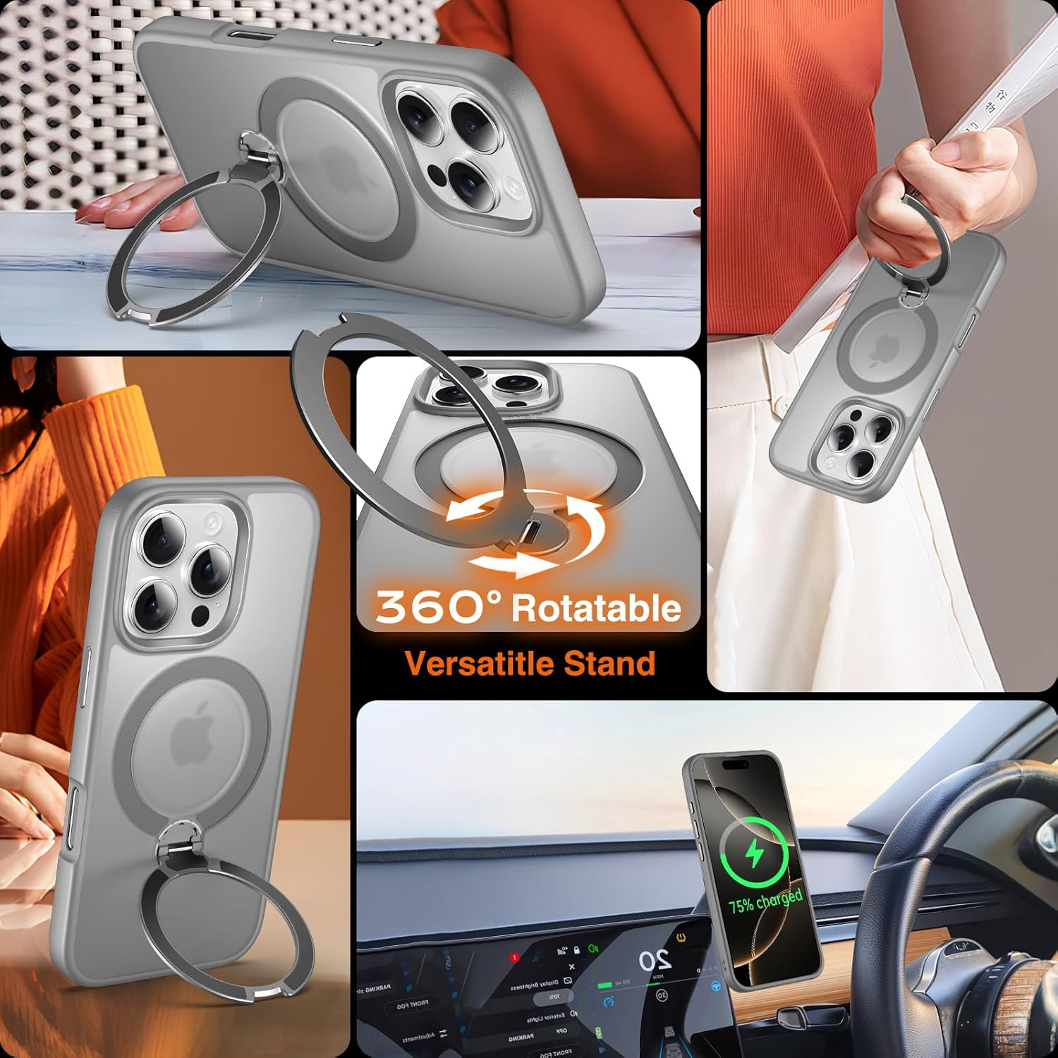 Chicfun 360° O-Ring MagStander for iPhone 16 Pro Max Case with Magnetic Kickstand Ring Holder [Compatible with MagSafe][360°Rotate Stand][Military Shockproof] iPhone 16 Pro Max Phone Cover Grey - Image 3