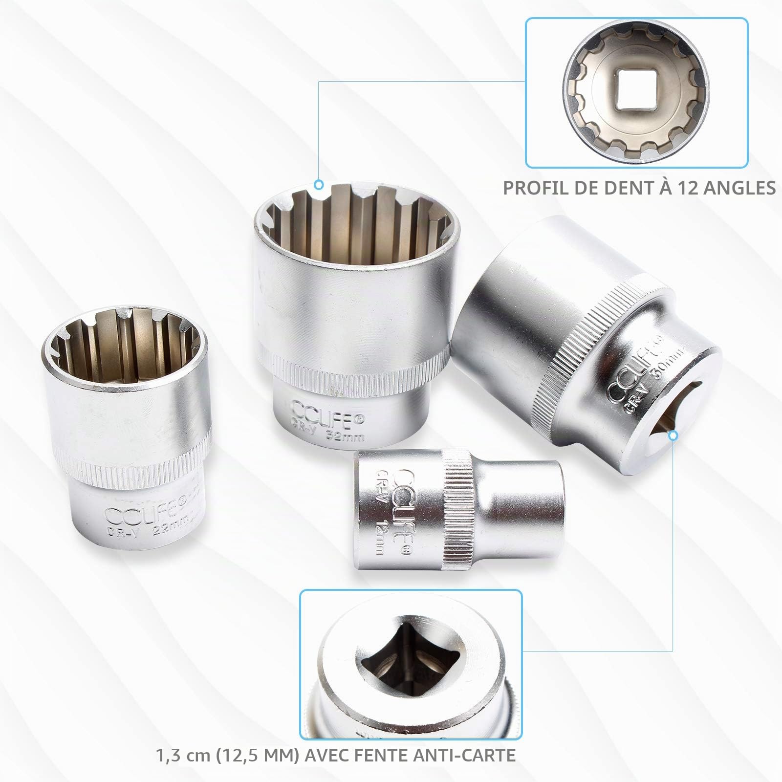 CCLIFE Jeu de 19 douilles multidents 1/2" XZN - Jeu de clés à douille 8-32 mm - Douilles pour cannelure 6/12 pans