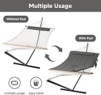 Vista 4 de SUNCREAT Hamaca doble para exteriores con soporte, hamaca de cuerda de algodón para dos personas con almohadilla de poliéster, gris oscuro