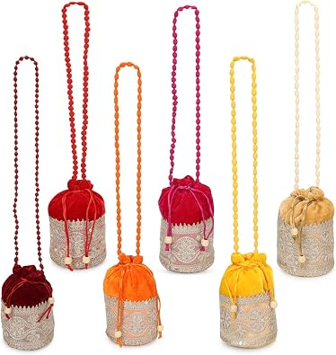 Indian Velvet Potli Pack of 6 Potli Bag in assorted color, Jwelery Pouch, Coins Pouch