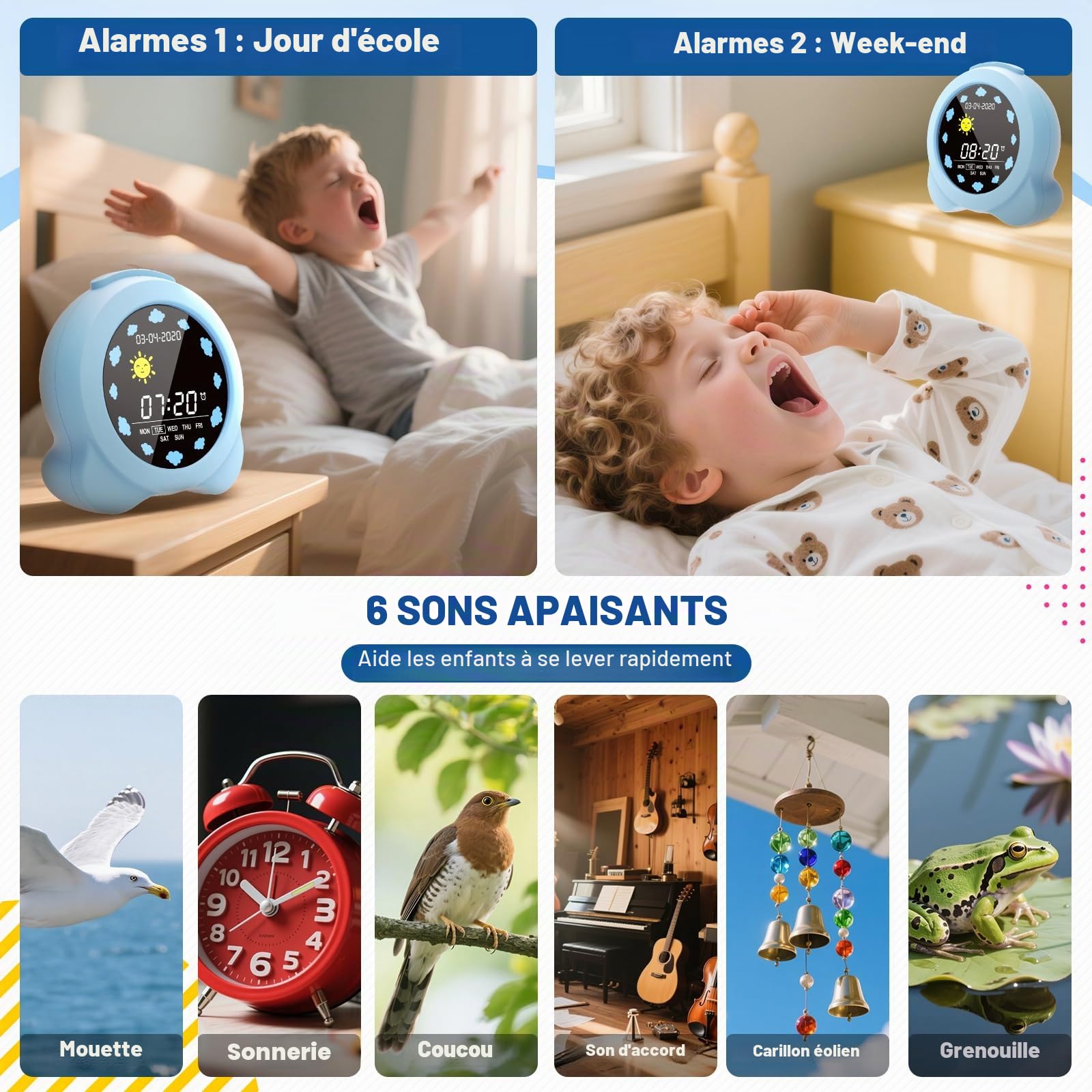 Réveil pour Enfants, Horloge Digitale avec Modes Jour/Nuit Écran LCD