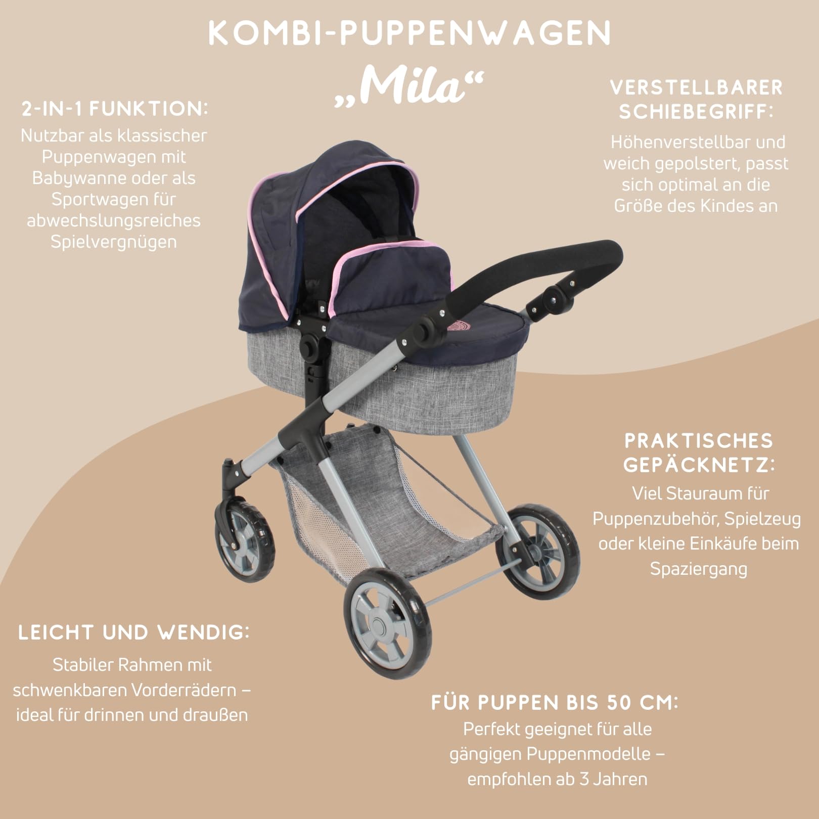 Bayer Chic 2000 Puppenwagen Mila | 2in1 Kombi-Buggy Melange Grau | Edler 2in1 Kombi-Puppenwagen mit wendbarem Sportsitz, Babywanne & Schwenkrädern. Melange Grau, Griff verstellbar 39-72 cm.