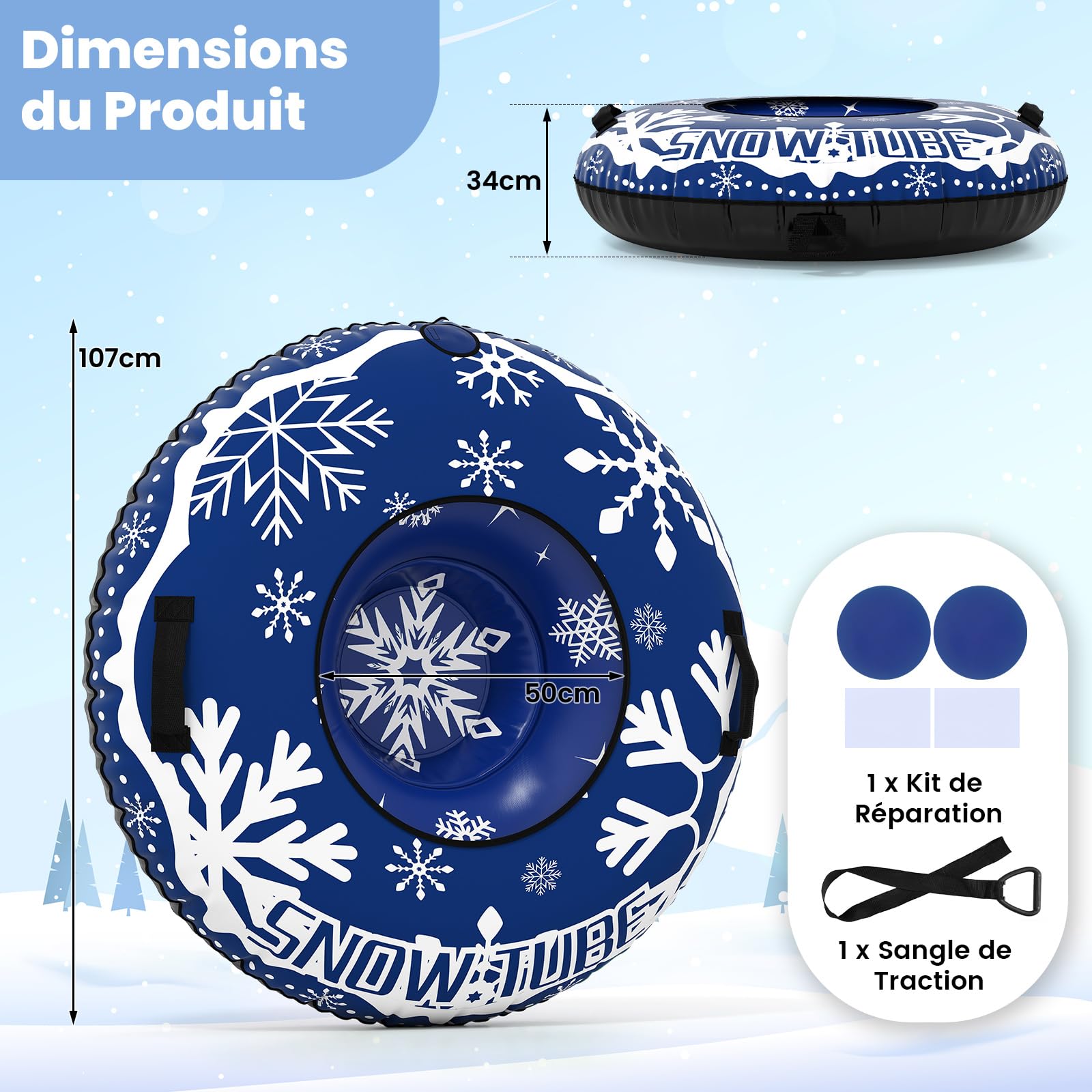 COSTWAY Luge Bouée Gonflable de 107 cm, Traîneau à Neige Robuste avec Sangle de Remorquage Amovible Fond Épaissi Valve 3 en 1 Poignées, Jouets Amusants d'hiver pour Enfants Adultes