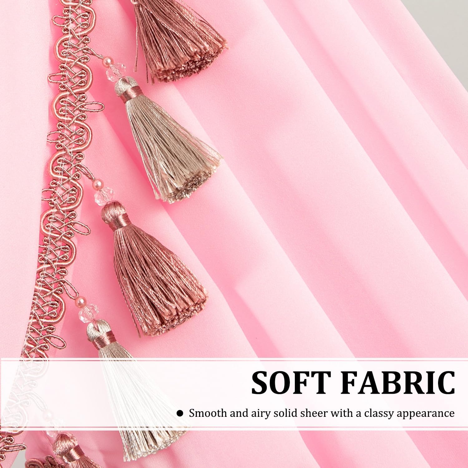 Leeva 39" Wide Pink Waterfall Valance, 1 Swag Vintage Sheer Swag with Beaded Tassels, Rod Pocket Window Decor for Bedroom & Living Room, 1 Panel