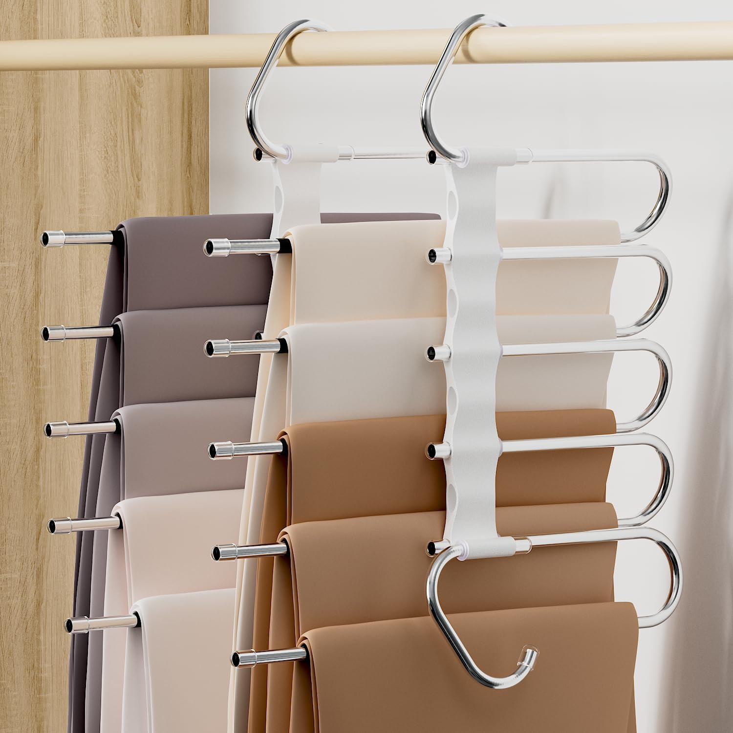 DAMITA Pants Hangers Space Saving - No Need Installation 2 Pack 5 in 1 Layers - Black Stainless Steel Metal Jeans Hangers - Closet Organizers and Storage Anti-Slip Design for Pants Scarf Legging