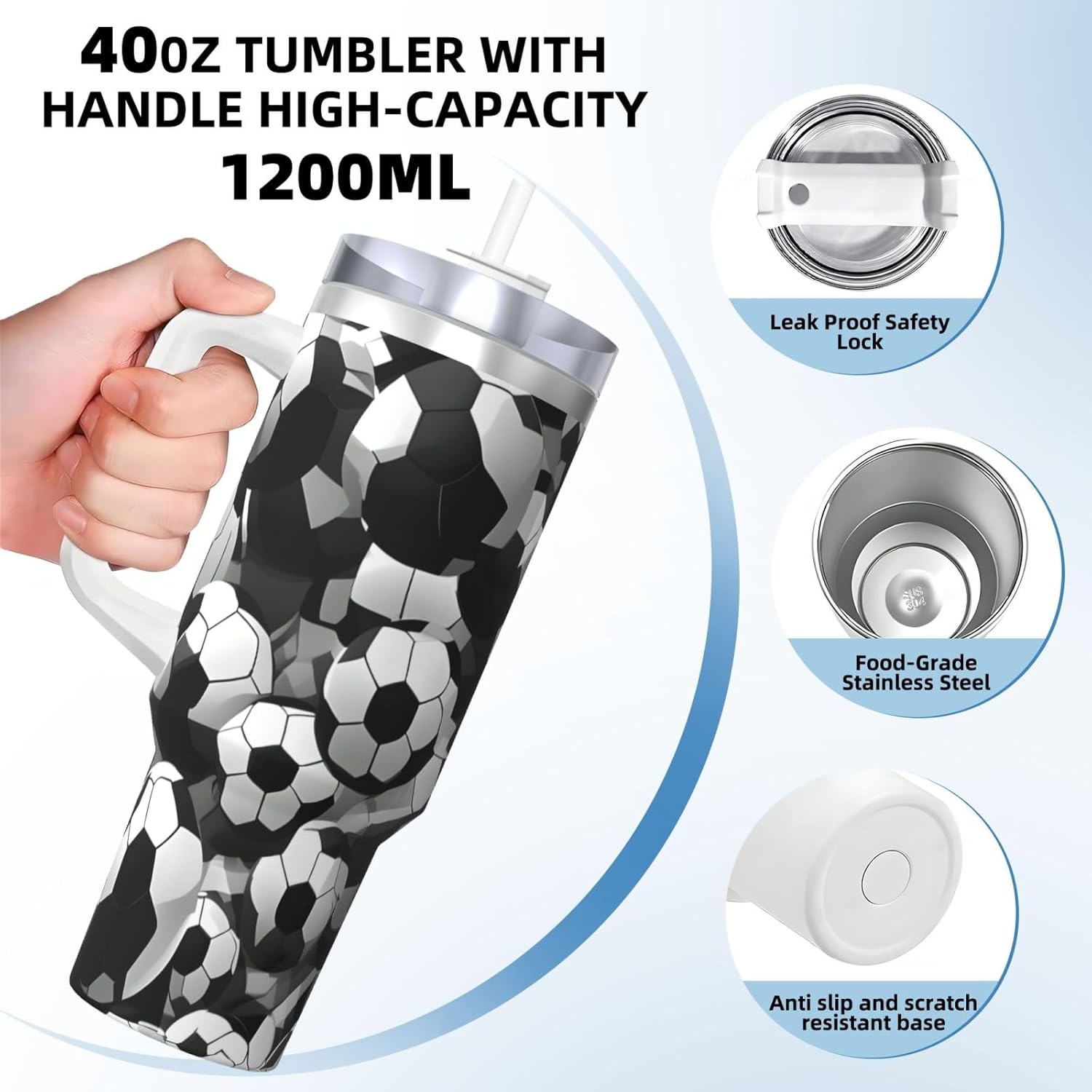 40 OZ Black and White Soccer Ball Pattern Print Ice Bully Cup with Handle Straw Lid Straw,Stainless Steel Tumbler Coffee Cup