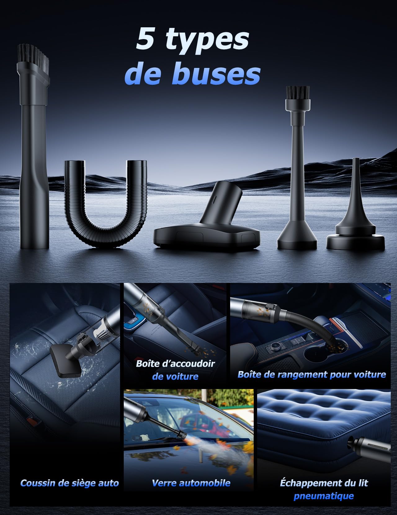 Aspirateur Voiture Puissant, 16000PA Aspirateur à Main | 4 en 1 Aspirateur de Table avec de multiples Accessoires, Aspirateur Portable pour Canapé Maison Voiture Bureau