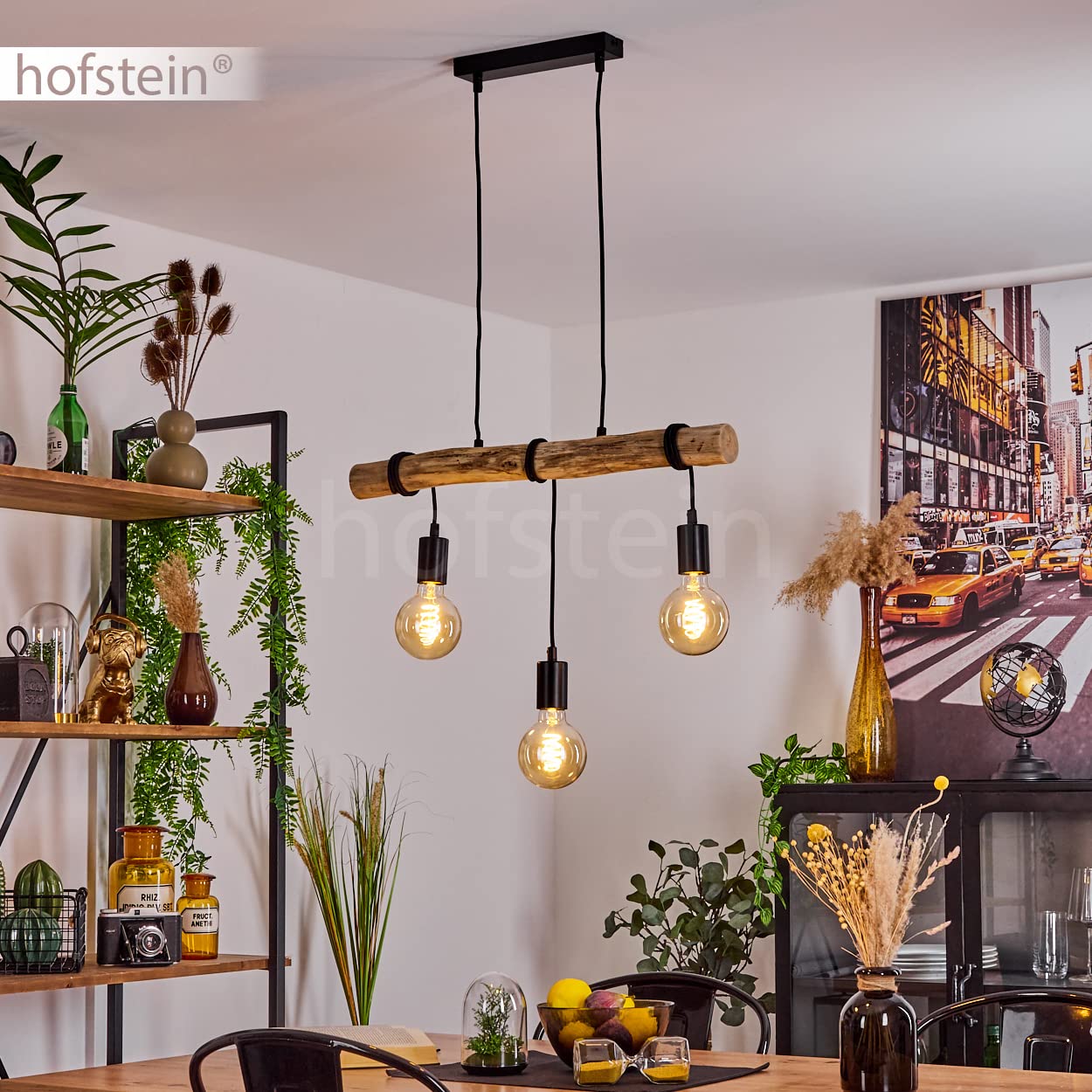 HOFSTEIN Pendelleuchte Toledo, moderne Hängeleuchte aus Metall/Holz in Schwarz/Natur, Pendellampe höhenverstellbar, skandinavischen Design, Echtholz-Balken, 3-flammig E27, Esszimmer, Wohnzimmer, Küche