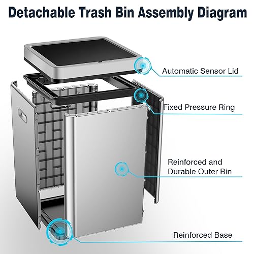 Miniatura 2 de HUG&FKL Bote de basura sin contacto con sensor de 16 galones, funciona con batería de litio, diseño desmontable, acero inoxidable, fácil montaje,