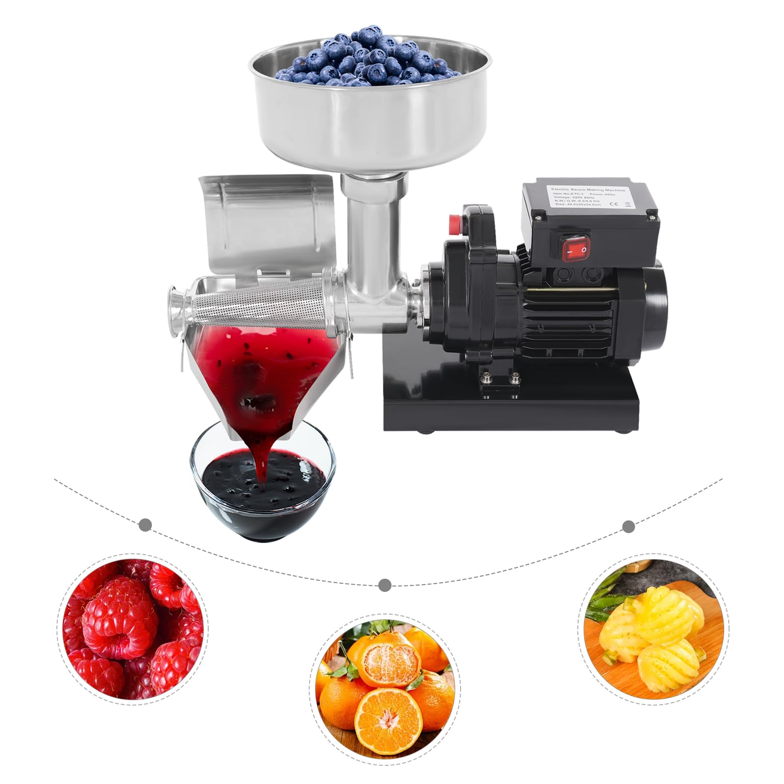 Tomatenpresse Elektrisch, 450W Tomatenpresse, 220V, Edelstahl, Kühlkörperlöcher für Ketchup, Blaubeersauce und andere Saucen - 49.5 x 25 x 34.5cm