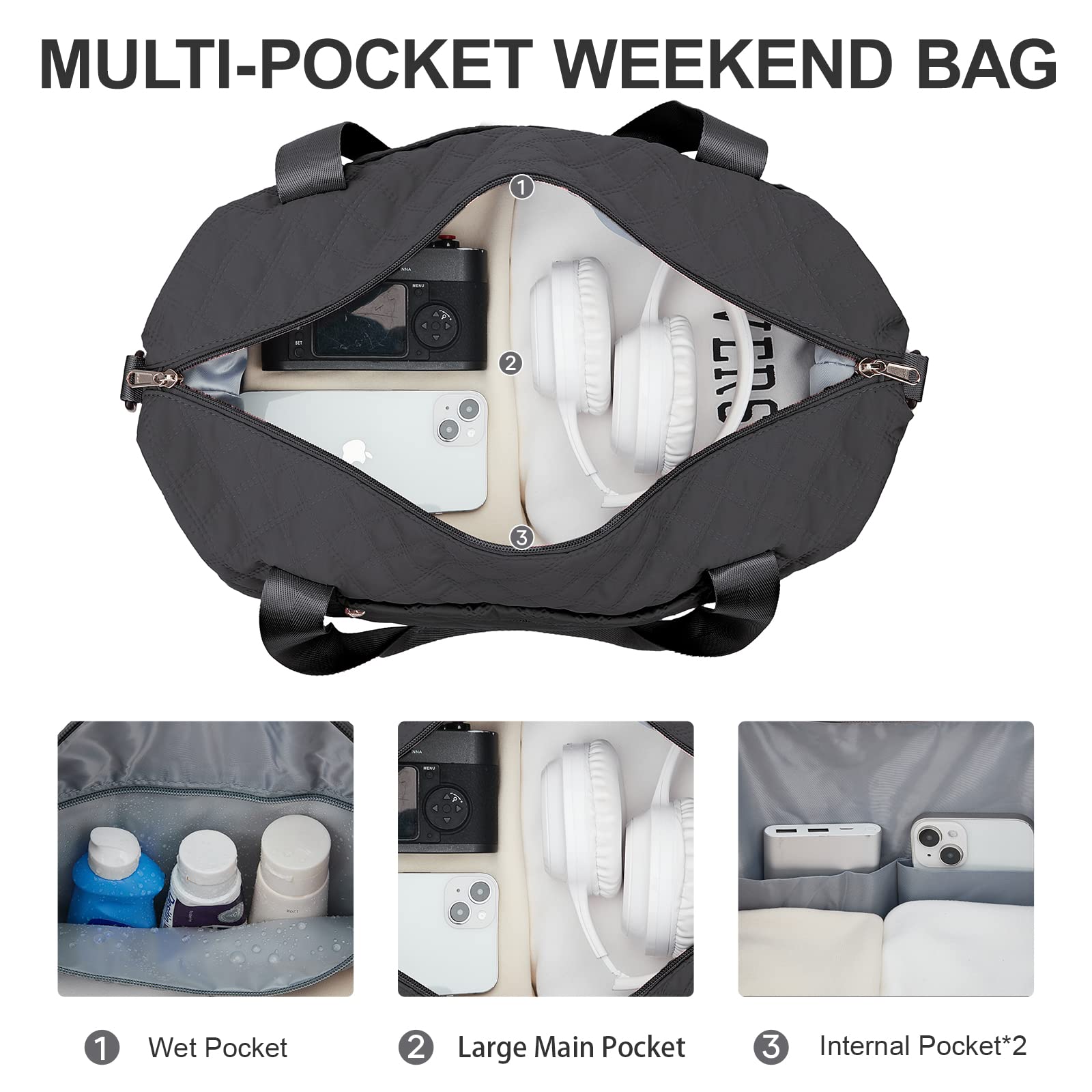 Reisetasche Damen Sporttasche 40x20x25 Ryanair Handgepäck Tasche Weekender Bag Schwimmtasche Wasserdicht Travel Bag Duffle Bag Fitnesstasche Trainingstasche Frauen für Reise Gym,B3-Schwarz grau - 4