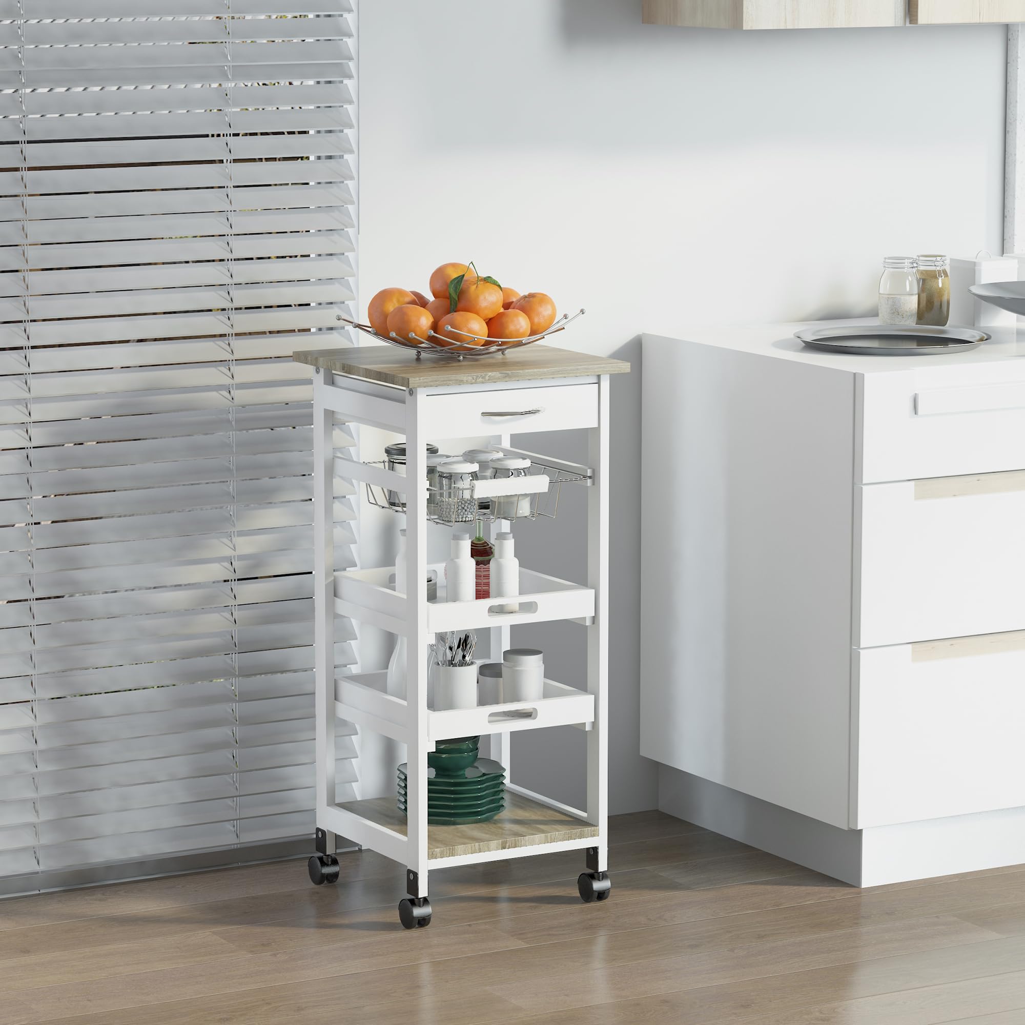 HOMCOM Carrello da Cucina Salvaspazio in Legno di Pino e MDF, Carrello Portaoggetti con Cassetto, Cestello, 2 Vassoi e 4 Ruote Universale, 37x37x82cm, Bianco