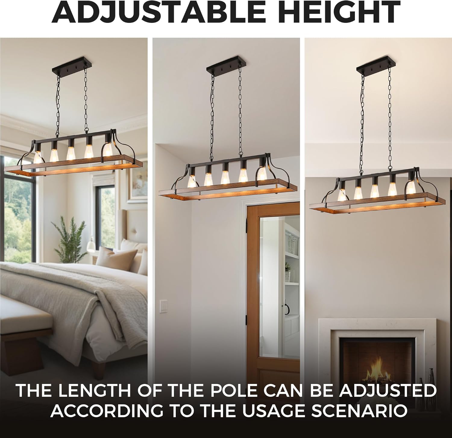 DORESshop 5-Light Farmhouse Chandelier for Dining Room, Modern Farmhouse Kitchen Light Fixtures, Adjustable Height Black and Dark Wood Finish Dining Room Light Fixture for Kitchen Island, Living Room