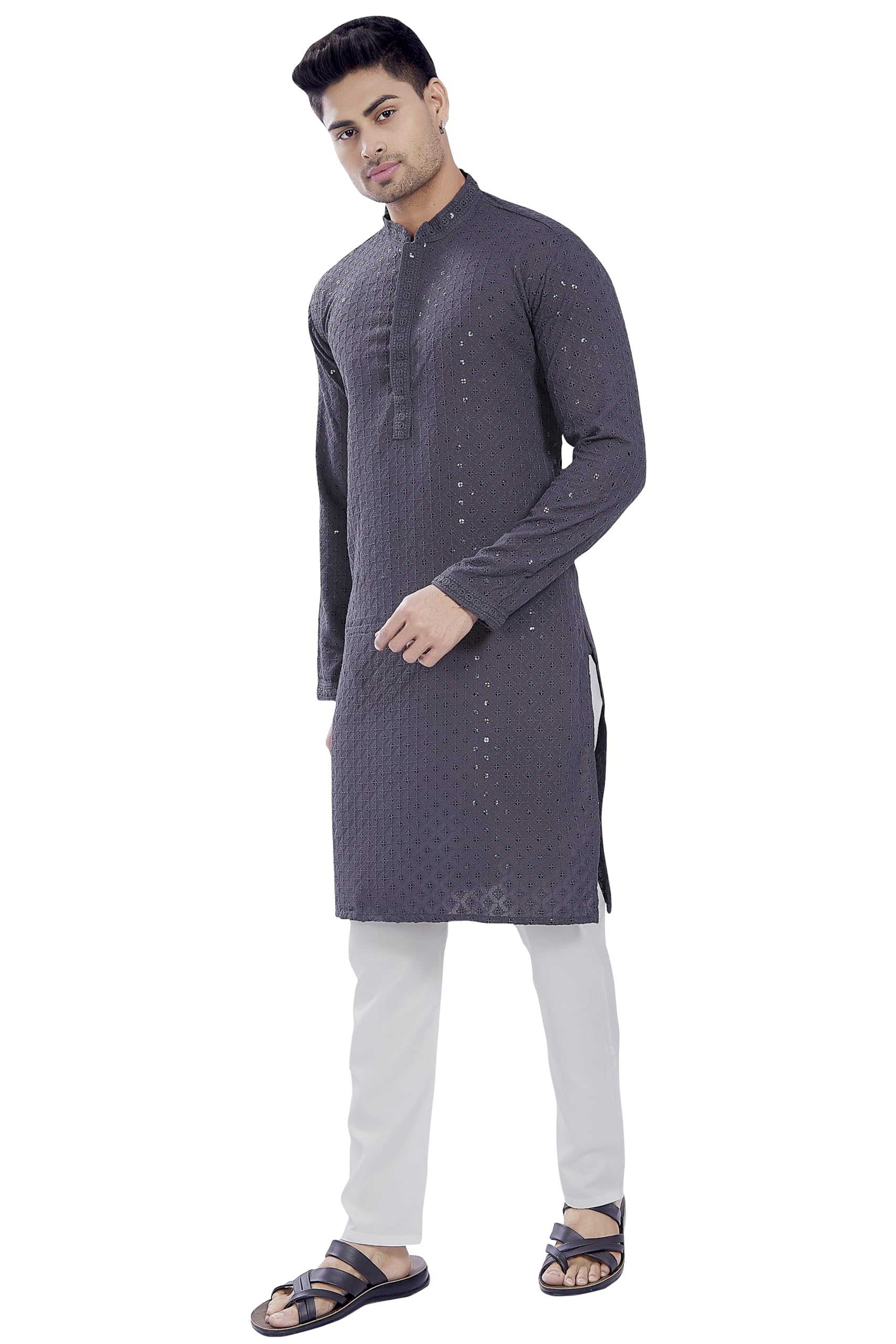 Divisive Men's Sequince Embroidered Cotton Blend Only Slim Fit Kurta (Dkrt677_Xxxl_Grey)