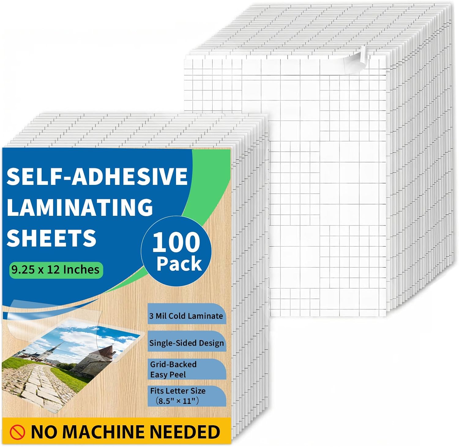 Binditek 100 Pack Self-Adhesive Laminating Sheets, 9.25 x 12 Inches for Letter Size, Grid-Backed for Easy Cutting, 3 Mil Thick, No Heat or Machine Needed, Clear Glossy Finish for School & Office