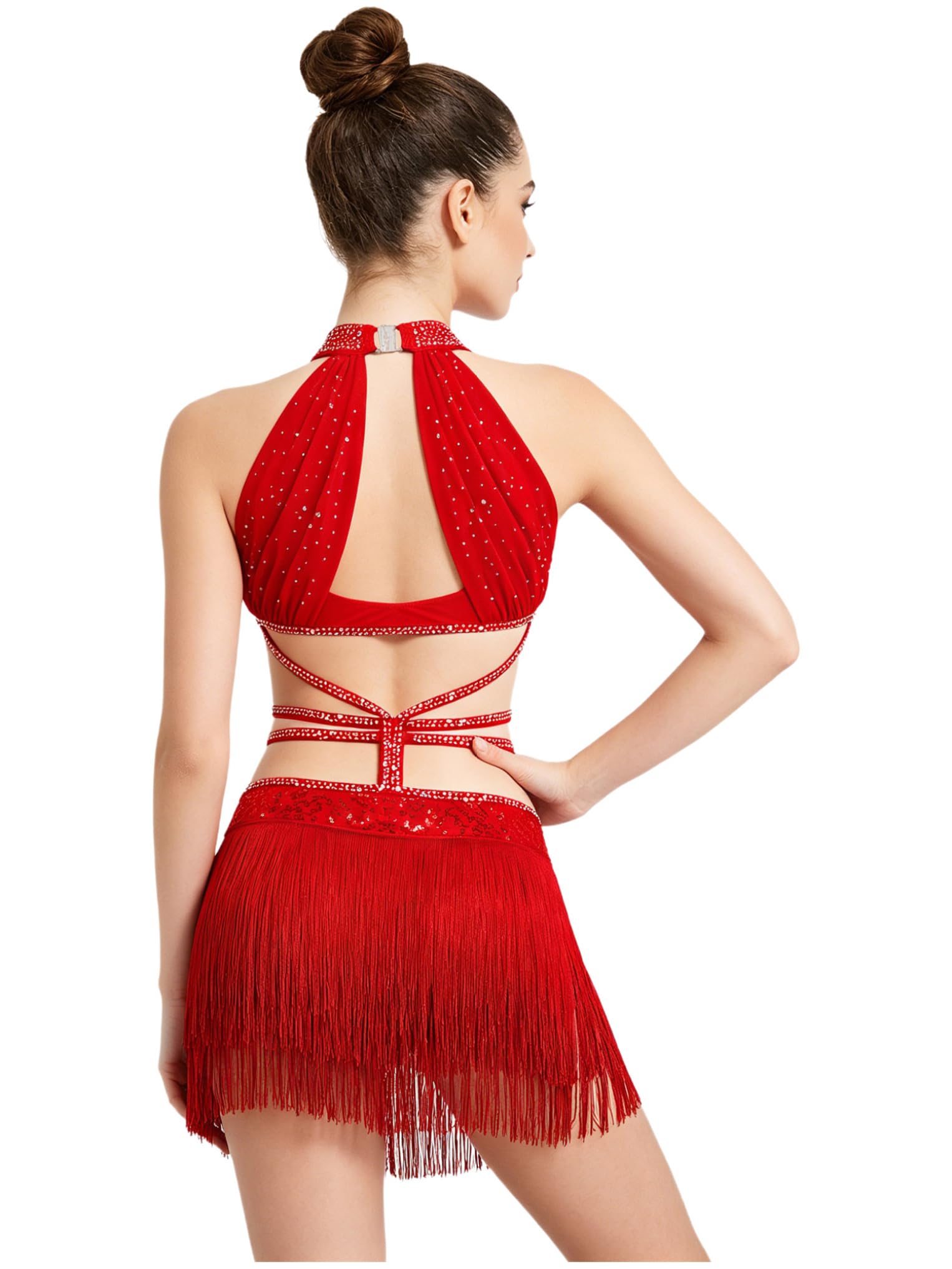 Oyolan Donna Corpetto Danza Con Frange Body Danza Latina Leotard Con Paillette Ginnastica Abito Pattinaggio Artistico
