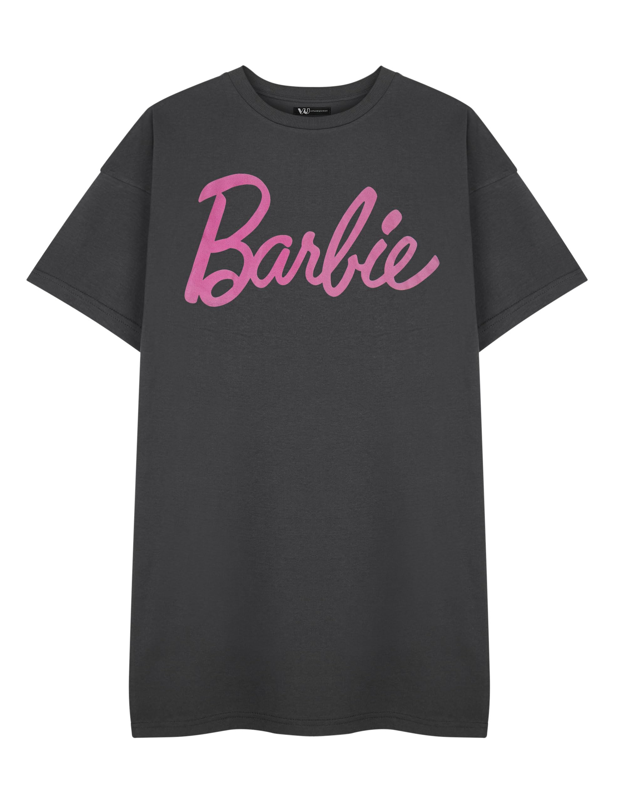 Barbie Womens Grey Logo T-Shirt Dress | Short Sleeved Graphic Tee Logo T-Shirt Dress in Grey | Stylish Short-Sleeved Dress Top
