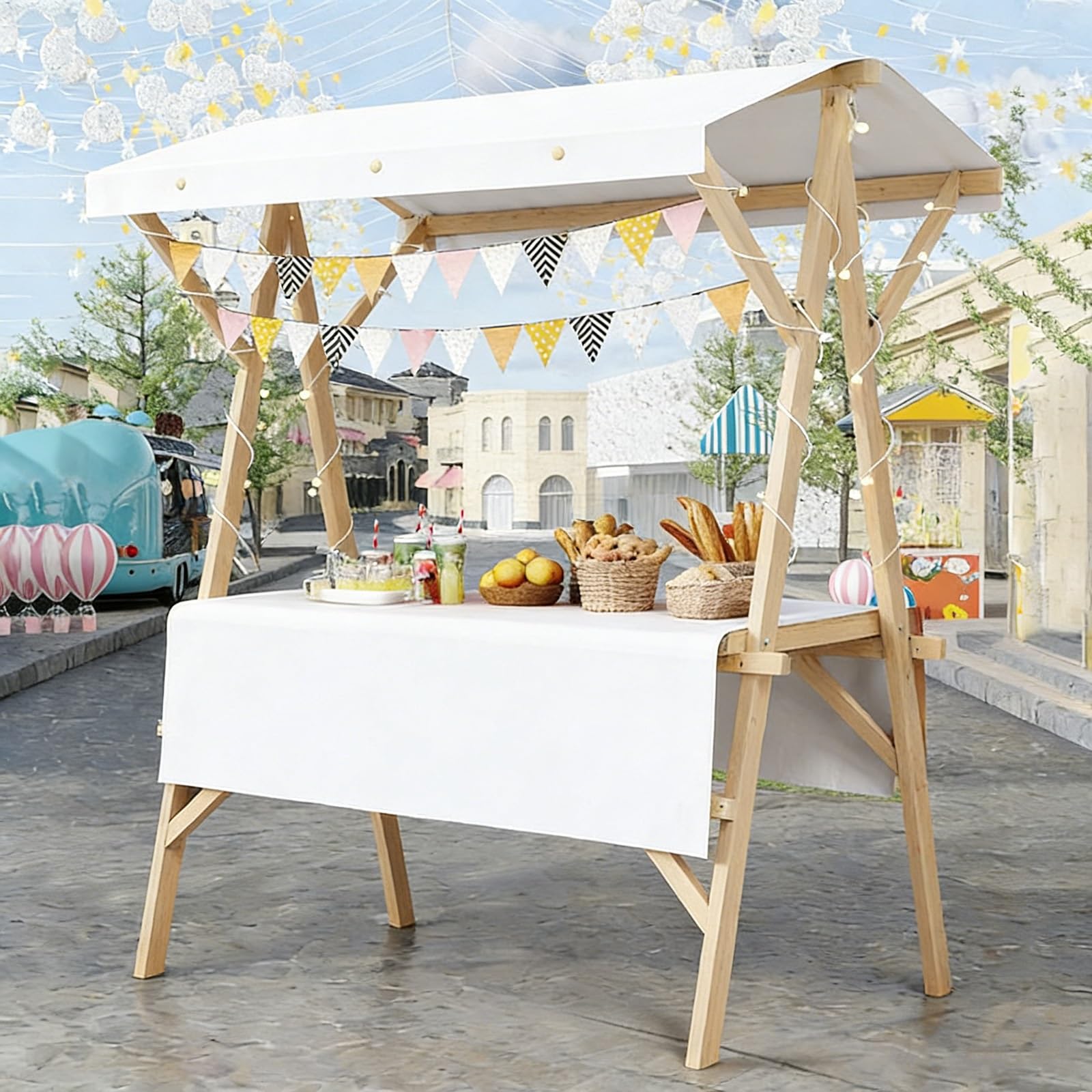 HARELA Marktstand Imbisswagen Marktstand-Display Aus Holz Mit vordach, Wurstwagen/StraßenEsswagen, Multifunktionale Außenkonzessionsstand für Straßen, Bauernmärkte(White,120cm/47.2in)