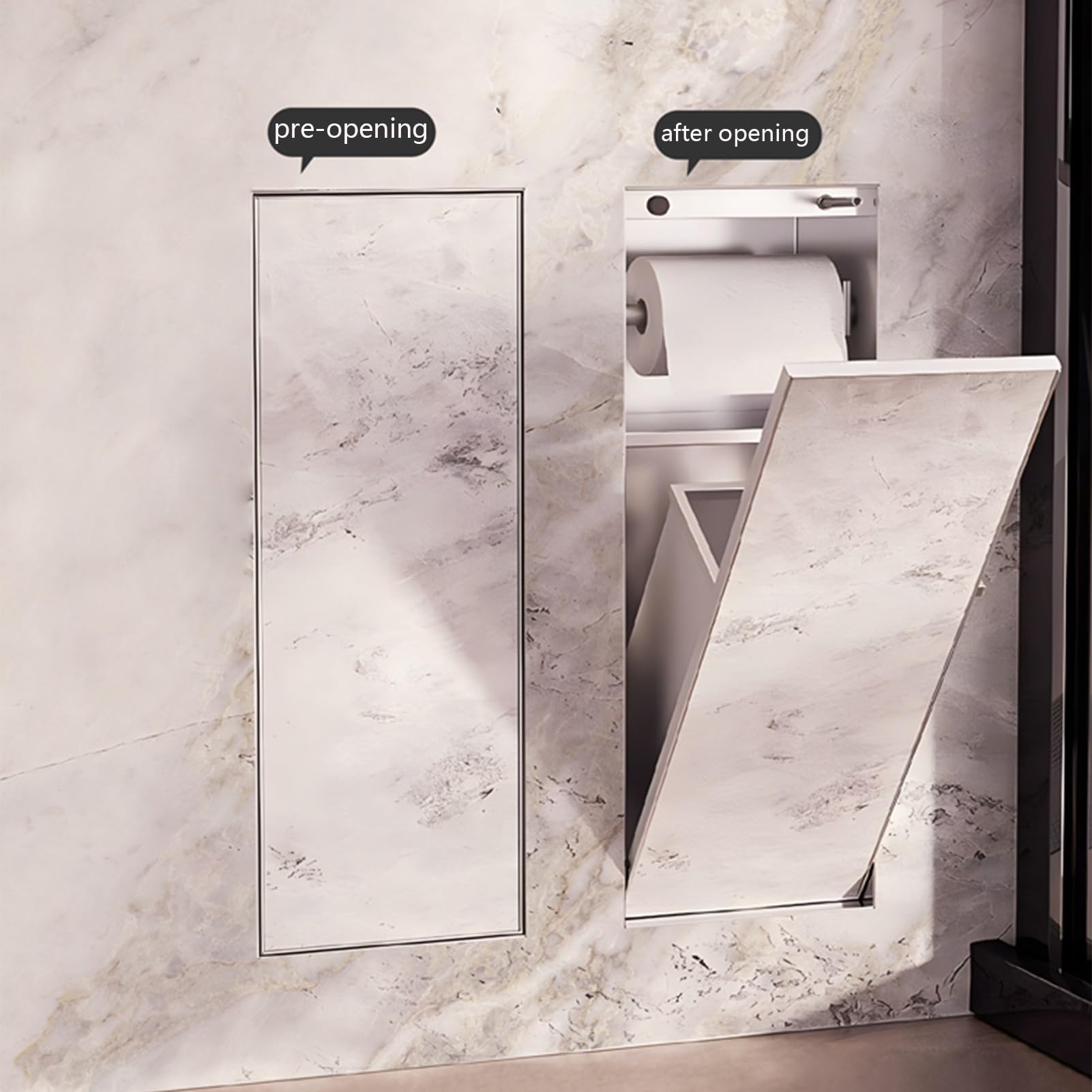 Generisch Edelstahl-Badezimmernische mit eingelassenem Toilettenpapier- und Bürstenhalter, stilvolle Aufbewahrungslösung für öffentliche Toiletten und Duschen, modernes schwarzes Design