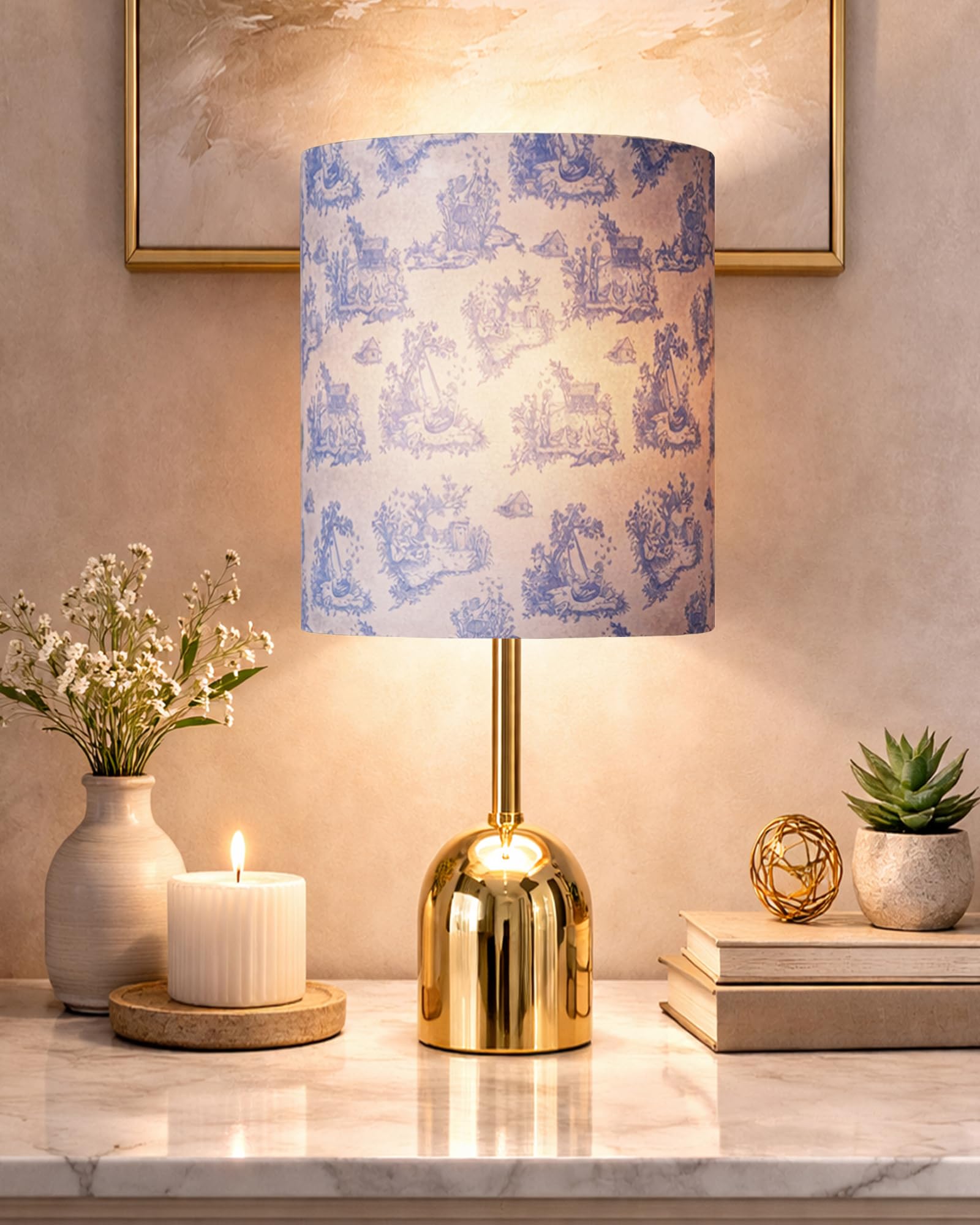 Homesake® Luxe Dome Gold Table Lamp with Fabric Drum Shade, Modern Home Decorative Bedside Lamp for Bedroom, Living Room & Side Table, Lighting, Nightstands (KD Blue Bird Shade)-image-39